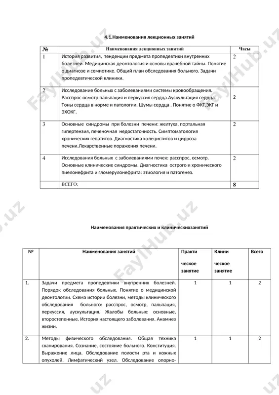 портальная гипертензия, печеночная недостаточность. симптоматология хронических гепатитов. диагностика холециститов и цирроза печени.лекарственные поражения печени. 2 4 исследования больных с заболеваниями почек: расспрос, осмотр. основные клинические синдромы. диагностика острого и хронического пиелонефрита и гломерулонефрита: этиология и патогенез. 2 всего: 8 наименования практических и клиническихзанятий № наименования занятий практи ческое занятие клини ческое занятие всего 1. задачи предмета пропедевтики внутренних болезней. порядок обследования больных. понятие о медицинской деонтологии. схема истории болезни, методы клинического обследования больного: расспрос, осмотр, пальпация, перкуссия, аускультация. жалобы больных: основные, второстепенные. история настоящего заболевания. анамнез жизни. 1 1 2 2. методы физического обследования. общая техника сканирования. сознание, состояние больного. конституция. выражение лица. обследование полости рта и кожных опухолей. лимфатический узел. обследование опорно-двигательного аппарата. кривые лихорадки и их диагностическое значение. антропометрия. 1 1 2 3 антропометрия. термометрия. общее представление о лабораторных и инструментальных исследованиях. актуальность современных лабораторных и инструментальных методов исследования. 1 1 2 4 методы обследования больных с респираторными …