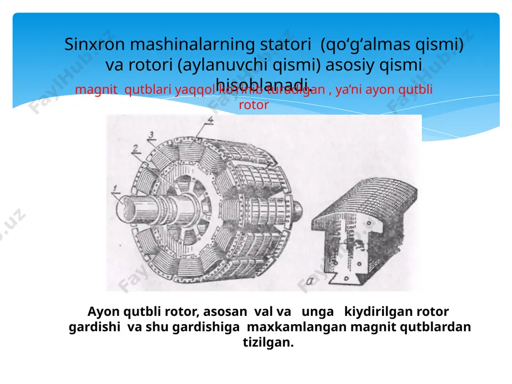 ea ga teng boʻladi. stator choʻlgʻamining sochilma magnit oqimi sochilma e.yu.k. e ni hosil qiladi. bu e.yu.k. ham ea vektori yoʻnalishiga mos ya’ni tok vektoridan 900 ga burilgan xolda chiziladi. stator aktiv qarshiligida kuchlanishning pasayishi ya’ni ur1= i1r1 stator toki vektoriga teskari yoʻnaladi. koordinatalar boshi, ya’ni 0 nuqtasini ur1- vektor uchi bilan birlashtiruvchi u1 vektor e0, ea, e va ur1 vektorlarining geometrik yigʻindisiga teng boʻlib, stator choʻlgʻami kilemmalaridagi kuchlanishni ifodalaydi. image2.wmf image3.png image4.png image5.emf image6.emf image7.png image8.jpeg 60 1 1 p n f = tm wlvbblve sin p f n 1 1 60  /docprops/thumbnail.jpeg