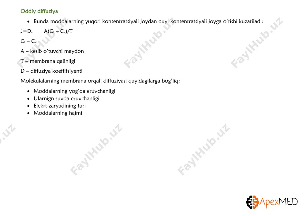 bosim eruvchining shakli, hajmi, turi va kimyoviy aktuvligiga bog’liq emas, balki erigan molekulalarning soniga bog’liqdir =osmolallik va osmolarlik=  osmolallik – bu erigan molekulalar miqdorining eritma massasiga (kg) nisbatiga aytiladi  osmolarlik – bu erigan molekulalar miqdorining eritma hajmiga (litr) nisbatiga aytiladi suyuqliklarning tonikligi note: klinikada ishlatiladigan ushbu tushuncha qonning tonikligiga qiyoslanadi quyidagi toniklikdagi eritmalar mavjud:  izotonik eritmalar plazma bilan bir xil osmolarlikka ega. unga solingan eritrotsitlar shishib ham bujmayib ham ketmaydi. 0.9%li nacl eritmasi plazma bilan izotonik  gipertonik eritmalar plazmaga nisbatan yuqori osmolarlikka ega. undagi eritroteitlar suvini yo’qotadi va bujmayib qoladi  gipotonik eritmalar plazmaga nisbatan past osmolarlikka ega. undagi eritrotsitlar o’ziga suvni tortib shishib ketadi qo’llaniladigan holatlar  kuchli egratatsiya natijasida bemorlarda umumiy plazma osmolarligi ortadi  qandli diabeti bor bemorlarda qondagi yuqori glukoza leveli osmolarlikni oshiradi  giperosmolarlik miyadagi suyuqlikning ko’plab chiqib ketishi natijasida komaga sabab bo’ladi (giperosmolar koma)  buyrak kasalliklarida qonda mochevina ortishi …