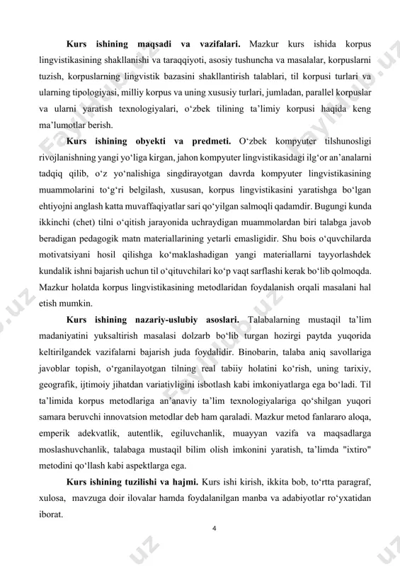 a boshladi. [footnoteref:3]1963-yilda aqshdagi braun universitetida u. frensis va g. kuchera kabi olimlar tomonidan birinchi matn korpusi yaratilgan bo'lib, bu korpus 500 ta matndan iborat edi. mazkur matnlarning har birida ikki mingtadan so‘z bo'lib, ular aqshdagi eng ommabop hisoblangan 15 turdagi nasriy janrda yozilgan inglizcha matnlar edi. [3: sinclair.j. corpus, concordance, collocation.oxford, 1991.] olimning ta’kidlashicha, korpus elektron shakldagi katta hajmdagi tizimlashtirilgan (strukturaga ega bo‘lgan), razmetkalar maxsus elektron belgilar qo‘yilgan, filologik jihatdan keng qamrovli va muayyan lingvistik masalalarni hal etishga mo‘ljallangan til ma’lumotlari majmuyidir. umuman olganda, korpusga berilgan har bir ta’rifda quyidagilar e’tirof etiladi: 1) ko‘plab matnlar elektron shaklda berilishi kerak (internet tarmog‘ida yoki diskda); 2) lingvistik tahlilni amalga oshirish maqsadida til materialiga maxsus belgilar qo‘yilishi (razmetka qilinishi) lozim; 3) bajarilgan tahlil natijasida to‘plangan til materialini turli tamoyillar asosida taqsimlash imkoni mavjud bo‘lishi kerak (masalan, janr, matn yaratilgan sana, mavzu bo‘yicha va hokazo). [footnoteref:4] [4: safarov sh. kognitiv tilshunoslik. –jizzax: sangzor, …
