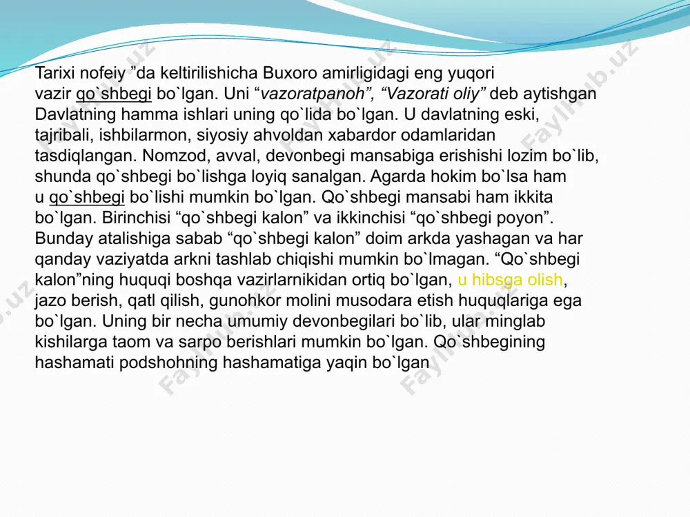 ng uchinchi maqsadi “buxoro podsholarining saltanatlarining tartibi haqida” deb nomlanib, u yetti fasl(qism)dan iborat. bu maqsadda amirlikdagi mansablar haqida ma`lumot berilgan. etiboringiz uchun rahmat image2.jpeg image3.jpeg image4.jpeg image5.jpeg image6.jpeg image7.jpeg