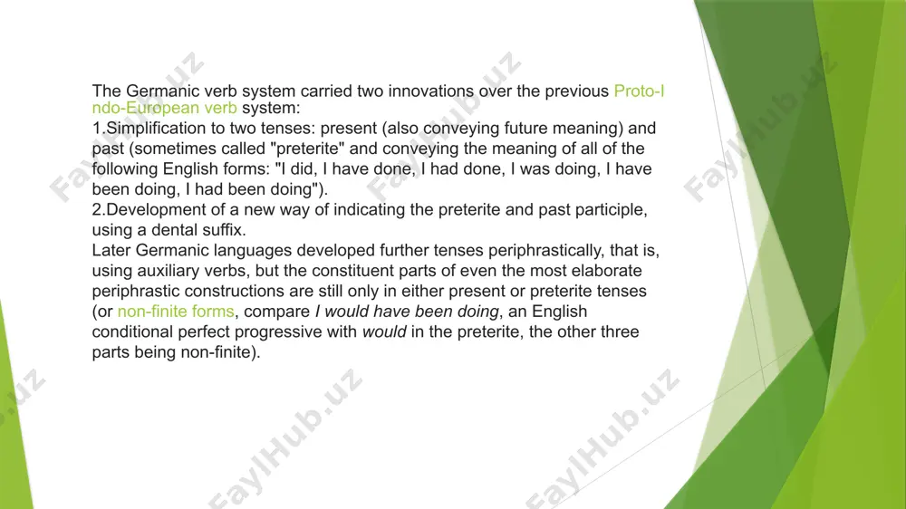 ior inception. an example of this is the typical and widespread pie stative *woida 'i know': one who "knows" something at some point in the past "came to know" it, much as the natural inference from noting someone in a sitting state is that a prior action of becoming seated occurred. the classical/koine greek perfect is essentially an early step in the development of the stative aspect to a past tense, being a hybrid of the two that emphasizes the ongoing (present/stative) effects of a past action (e.g., leloipa 'i have left"). apparently it was this latter anterior respect that is responsible for the indo-european perfect showing up as a past tense in germanic, italic, and celtic. /docprops/thumbnail.jpeg