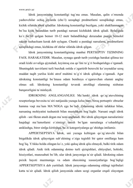 m, biroq pertseptiv obrazlar hamma vaqt ma`lum ma`noga ega bo`ladi. odamning idroki tafakkur bilan, narsaning mohiyatini tushunish bilan mustahkam bog`liqdir. narsani ongli idrok qilish - uni fikran atash degan ma`noni anglatadi. biz idrok qilayotgan narsalarimiz haqidagi ma`lumotlarni o`zimizgi tanish bo`lgan narsalarga o`xshashligini aniklashga, biror sinfga kiritishga, ba`zi kategoriyalarga qo`shishga intilamiz. appertseptsiya idrok, uni yuzaga keltirgan qo`zg`atuvchi bilan birgalikda idrok qilayotgan sub`ektning o`ziga tegishli bir qator omillarga ham bog`liq. yakka holda olingan ko`z, yoki quloq idrok qila olmaydi, balki tirik odam idrok qiladi. anik tirik odamning doimo turli qiziqishlari, ehtiyojlari, hohishi, hissiyotlari, munosabati bo`lib, ular idrok jarayoniga ta`sir qiladi. idrokning odam psixik hayoti mazmuniga va odam shaxsining xususiyatlariga bog`liqligi appertseptsiya deb yuritiladi. idrok jarayoniga odamning oldingi tajribalari katta ta`sir qiladi. idrok qilish jarayonida odam sezgi organlar orqali olayotgan ma`lumotlar to`grisida turli gipoteza (farazlarni) ilgari suradi va tekshirib ko`radi. idrok qilinayotgan ob`ekt haqida, bevosita ravishda, qancha kam ma`lumot olinsa, farazga shuncha ko`p …