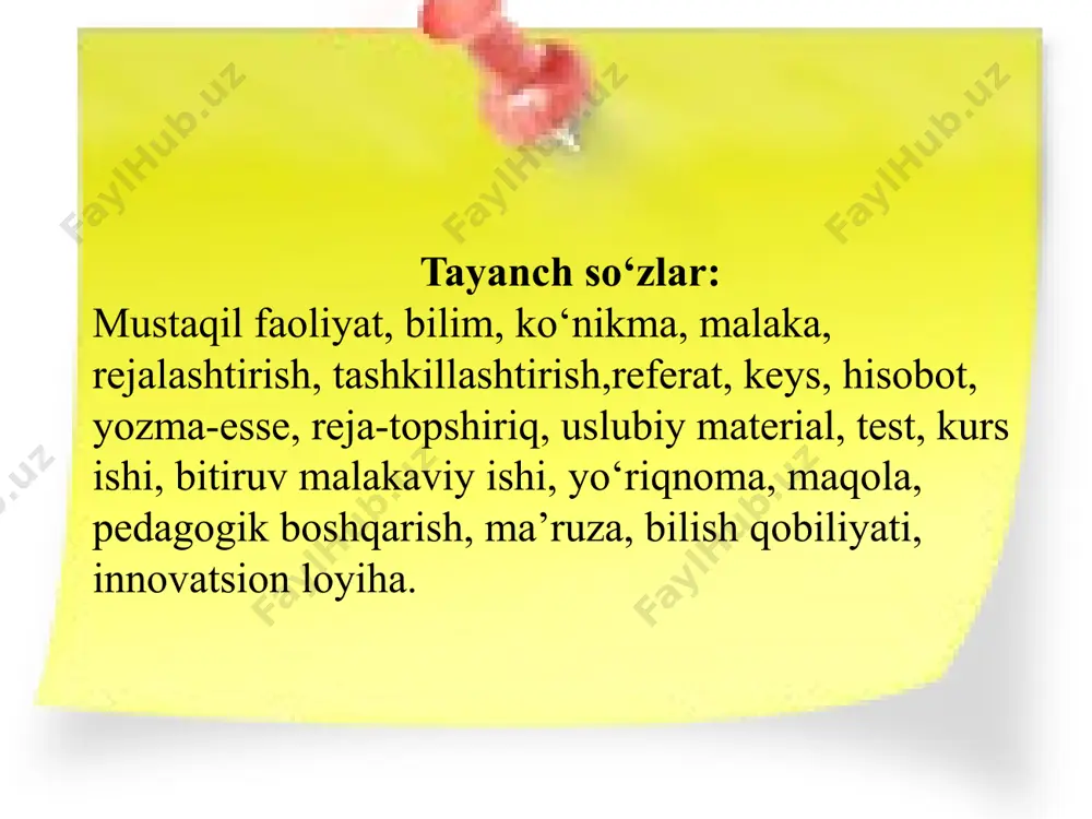 hi; • internet tarmog‘idan maqsadli foydalanishi; • berilgan topshiriq va vazifalarning ratsional yechimini topishi; • ma’lumotlar bazasini tahlil etishi; • ish natijalarini ekspertizaga tayyorlash va ekspert xulosasi asosida qayta ishlashi; • topshiriq va vazifalarni bajarishda tizimli va ijodiy yondashishi; o‘quv faniga kirish. quyidagi o‘quv ma’lumotli materiallardan iborat: o‘quv fanini o‘rganishning dolzarbligi, maqsad va vazifalari . talabalar tomonidan fan mazmunini muhim o‘zlashtirish darajasiga davlat ta’lim standartlarining talablari. o‘quv vaqtining umumiy hajmi va uni mavzular va ish turlari bo‘yicha taqsimlanishi ko‘rsatiladi, o‘quv fanining mavzuviy mazmuni izchillikda bayon etiladi. asosiy va qo‘shimcha adabiyotlar ro‘yxati. fan bo‘yicha bilimlarni yakuniy tekshirish savollari. 2.talabalar mustaqil ta’lim olish faoliyatini tashkil etish va boshqarish texnologiyasi. hozirgi vaqtda oliy ta’lim muassasalarida talabalarning kasbiy tayyorgarligi sifat va samaradorligini oshirishda quyidagi pedagogik texnologiyalarni qo‘llash maqsadga muvofiqdir: 1. talaba faoliyatini faollashtirish va jadallashtirishga asoslangan pedagogik texnologiya - muammoli ta’lim, turli xil o‘yinlar. 2. o‘quv materialini didaktik jihatdan takomillashtirish va qayta ishlashga asoslangan …