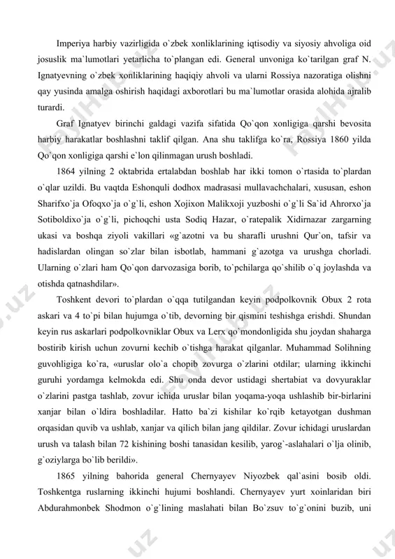 magan urush boshladi. 1864 yilning 2 oktabrida ertalabdan boshlab har ikki tomon o`rtasida to`plardan o`qlar uzildi. bu vaqtda eshonquli dodhox madrasasi mullavachchalari, xususan, eshon sharifxo`ja ofoqxo`ja o`g`li, eshon xojixon malikxoji yuzboshi o`g`li sa`id ahrorxo`ja sotiboldixo`ja o`g`li, pichoqchi usta sodiq hazar, o`ratepalik xidirnazar zargarning ukasi va boshqa ziyoli vakillari «g`azotni va bu sharafli urushni qur`on, tafsir va hadislardan olingan so`zlar bilan isbotlab, hammani g`azotga va urushga chorladi. ularning o`zlari ham qo`qon darvozasiga borib, to`pchilarga qo`shilib o`q joylashda va otishda qatnashdilar». toshkent devori to`plardan o`qqa tutilgandan keyin podpolkovnik obux 2 rota askari va 4 to`pi bilan hujumga o`tib, devorning bir qismini teshishga erishdi. shundan keyin rus askarlari podpolkovniklar obux va lerx qo`mondonligida shu joydan shaharga bostirib kirish uchun zovurni kechib o`tishga harakat qilganlar. muhammad solihning guvohligiga ko`ra, «uruslar olo`a chopib zovurga o`zlarini otdilar; ularning ikkinchi guruhi yordamga kelmokda edi. shu onda devor ustidagi shertabiat va dovyuraklar o`zlarini pastga tashlab, zovur ichida uruslar …