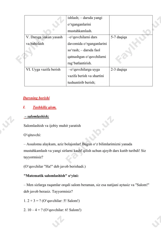 aqsimlaymiz. har bir do‘st nechta shirinlik oladi? 20 ÷ 4 = 5, demak har bir do‘st 5 ta shirinlik oladi. 2. stul va sinfda joylashish sinfda 24 nafar o‘quvchi bor va ularni 4 ta qatorga teng bo‘lish kerak. har bir qatorga nechta o‘quvchi o‘tiradi? 24 ÷ 4 = 6, demak har bir qatorda 6 ta o‘quvchi bo‘ladi. 3. qalamlarni qutilarga joylash o‘qituvchi 32 ta qalamni 4 ta qutiga teng taqsimlamoqchi. har bir qutida nechta qalam bo‘ladi? 32 ÷ 4 = 8, demak har bir qutida 8 ta qalam bo‘ladi. 4. sport o‘yinida guruhlash futbol o‘yinida 16 nafar bola bor. ularni 4 ta teng jamoaga ajratish kerak. har bir jamoada nechta bola bo‘ladi? 16 ÷ 4 = 4, demak har bir jamoada 4 ta bola bo‘ladi. misollar: 8 ÷ 4 = 2 12 ÷ 4 = 3 16 ÷ 4 = 4 hayotiy misol: "sinfda 20 ta daftar bor. agar ularni …