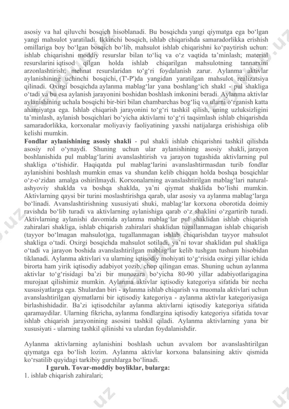 ‘tkazib boradi.aylanma aktivlar uzoq muddatli aktivlardan farq qilib, ishlab chiqarish jarayonida bir marta qatnashadi va yaratilgan mahsulotga o‘z qiymatini to‘la o‘tkazadi, shakli o‘zgaradi. aylanma aktivlar aylanish jarayonida uch bosqichni bosib o‘tadi: pul, ishlab chiqarish va tovarlarni sotish bilan bog‘liq bosqichlar. aylanishning birinchi bosqichida ishlab chiqarish vositalari sotib olinadi (p-t(i/v)). korxonalarning ajratilgan pul fondlari ishlab chiqarishning ashyoviy omiliga aylanadi. birinchi bosqichning xususiyati shundaki, bu bosqichda ba’zi korxonalar o‘z mablag‘lari etarli bo‘lmagan hollarda qarzga bank kreditini oborotga jalb qilishlari mumkin. aylanma aktivlar aylanishning ikkinchi bosqichi - ishlab chiqarish bosqichi (t-i/ch-t') bo‘lib, bunda ishlab chiqarish omillari (ish kuchi va ishlab chiqarish vositalari) qo‘shilishi yuzaga keladi va bu jarayon aylanma aktivlarilari aylanishi iqtisodiy mohiyatini yanada chuqurroq ifodalashga yordam beradi. chunki, ikkinchi bosqich asosiy va hal qiluvchi bosqich hisoblanadi. bu bosqichda yangi qiymatga ega bo‘lgan yangi mahsulot yaratiladi. ikkinchi bosqich, ishlab chiqarishda samaradorlikka erishish omillariga boy bo‘lgan bosqich bo‘lib, mahsulot ishlab chiqarishni ko‘paytirish uchun: ishlab …