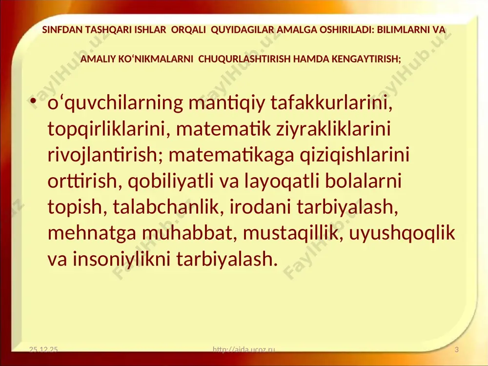 limotidir 2 miqdorlar:uzunlik, yuza, vaqt, hajm, og‘irlik tushunchalari va o‘lchov birliklariтurli miqdorlarni kelib chiqish tarixi, ularni har kunlik hayotga ishlatilishi. o‘quvchilarni aniq, mantiqiy fikrlashga o‘rgatisho‘nli pozision tizimini o‘lchov birliklarida tatbiq etilishi. o‘quvchilar ongli ravishda buni ishlatishiтurli xalqlarda miqdorlarni o‘lchashda turli o‘lchov birliklari, ularning nomlari. тurli o‘lchov asboblari (soat, chizg‘ich, palitka va h.k.) 3 kasrlar va ulush tushunchasiulush va kasr tushunchalari kelib chiqish tarixi, turli xalqlarni bular to‘g‘risidagi fikrlarikasrlarni kundalik hayotda masala-misollarni yechishda to‘g‘ri tatbiq etilishi. vatanparvarlik tarbiyaqadimiy misr, bobilliklarni kasr haqidagi ta’limoti. o‘rta osiyolik olimlarning, xususan g‘iyosiddin al-koshiyning «arifmetika kaliti» asari. ibn sino, beruniy ijodi. algebra elementlari: sonli va o‘zgaruvchi ifodali tushunchalari, tengsizliklar va tenglamalar yechishalgebrik tushunchalarni kelib chiqish tarixi. matematik bilimlarni chuqurlashtirish. mantiqiy abstrakt fikrlashga o‘rgatish.algebra elementlarini ongli ravishda tushunish, bilish, to‘g‘ri tatbiq etish. buyuk ajdodlarimiz ijodi bilan yaqindan tanishish. milliy o‘zlikni anglash hissini tarbiyalashmuhammad -al-xorazmiyni «al-jabr va al- muqobala» asari va uning ahamiyati. qadimgi misr papirusilaridagi ma’lumotlar, qadimgi …