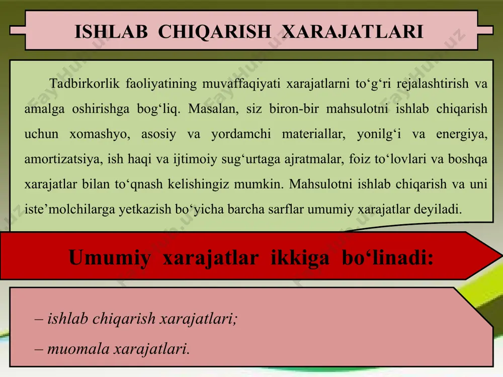surs va xizmatlarni tashqaridan to‘lov asosida jalb etish natijasida vujudga keladigan xarajatlar. masalan, sizning xomashyo va materiallar, transport xizmati uchun to‘lovingiz tashqi xarajat hisoblanadi. tashqi xarajatlar to‘lov hujjatlari bilan rasmiylashtirilgani sababli buxgalteriya xarajatlari deb ham ataladi. ichki xarajatlar – korxona yoki tadbirkorning o‘ziga tegishli bo‘lgan resurslardan foydalanish bilan bog‘liq xarajatlar. bunday xarajatlar uchun pul to‘lovlari amalga oshirilmaydi. ichki xarajatlar ushbu resurslar qiymatini shunga o‘xshash resurslarning bozordagi narxlariga taqqoslash orqali baholanadi. ichki va tashqi xarajatlarni farqlash korxona iqtisodiy faoliyati samaradorligini oshirish yo‘llarini qiyosiy tahlil qilish imkoniyatini beradi. doimiy va o‘zgaruvchan xarajatlar ishlab chiqarish hajmining o‘zgarishiga ta’sir qilish yoki qilmasligiga qarab xarajatlar doimiy va o‘zgaruvchan xarajatlarga bo‘linadi. doimiy xarajatlar (fc-fixed cost) – mahsulot ishlab chiqarish hajmining o‘zgarishiga bog‘liq bo‘lmagan xarajatlar. masalan, bino uchun ijara haqi, reklama uchun to‘lov, qorovul yoki boshqa texnik xodimlarning ish haqi doimiy xarajatlar jumlasiga kiradi. o‘zgaruvchan xarajatlar (vc-variable cost) – mahsulot ishlab chiqarish hajmining o‘zgarishiga bog‘liq xarajatlar. masalan, …