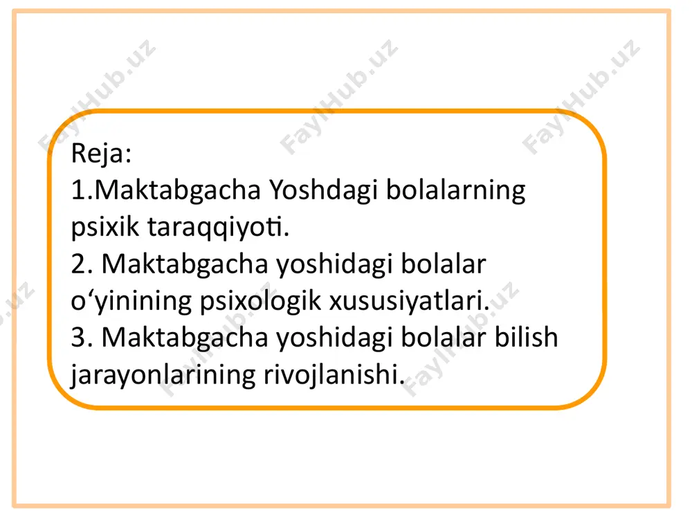 inlari; -uy mehnati. bolalarning o‘yin faoliyatlarida turli hayoliy va afsonaviy obrazlarni yaratishlari odamning (shu jumladan, bolalarning ham) tashqi muhitdagi narsa va hodisalarni aks ettirish passiv jarayoni emas, balki faol, ijodiy yaratuvchanlik jarayoni ekanligidan dalolat beradi. maktabgacha yoshdagi bolalarning etakchi faoliyati o‘yindir. bu yoshdagi bolalarning o‘yinlarini uchga bo‘lish mumkin: 1)predmetli o‘yinlar(15-20 minut o‘ynaladi); 2)syujetli-rolli o‘yinlar (30-60 minut o‘ynaladi); 3) qoidali o‘yinlar (1soatdan -2kungacha davom etishi mumkin). e'tiboringiz uchun rahmat image1.jpeg image2.jpeg image3.jpeg image4.jpeg image5.jpeg image6.jpeg image7.jpeg image8.jpeg image9.jpeg image10.png image11.jpeg image12.jpeg image13.jpeg image14.jpeg image15.jpeg image16.jpeg