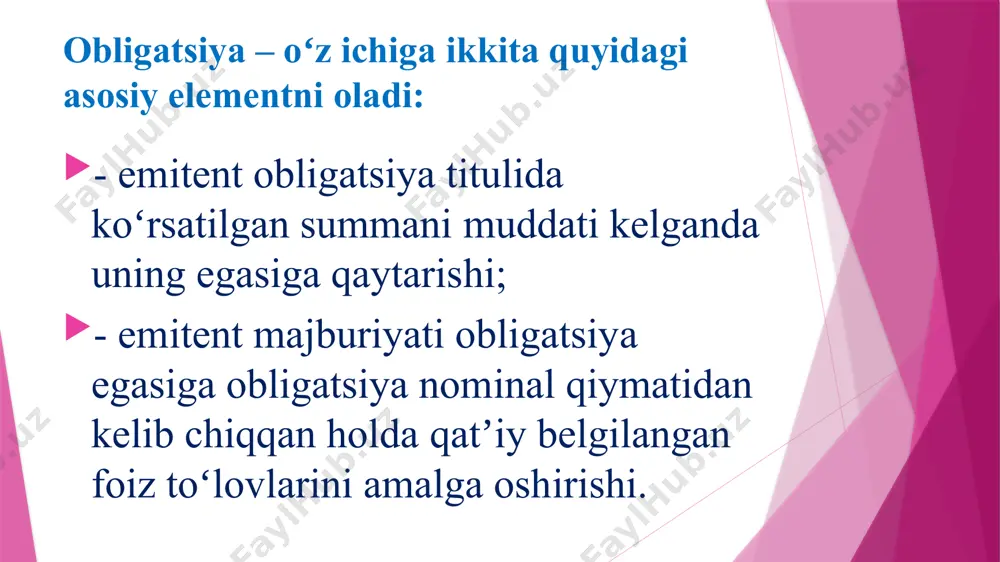 gilangan yoki suzib yuruvchi kupon stavkali obligatsiyalar; 2. diskontli (kuponsiz), yoki nollik kuponli obligatsiyalar; 3. qoplash vaqtida daromad toʻlanadigan obligatsiyalar. kuponli obligatsiyalar - qarzning asosiy summasi qaytarilishi bilan bir vaqtda davriy ravishda pul toʻlovlarini ham nazarda tutadi. bunday toʻlovlarning miqdori nominalga nisbatan foizlarda ifodalanadigan kupon stavkasida belgilanadi. kuponli toʻlovlar odatda bir yil davomida bir, ikki yoki toʻrt marta amalga oshiriladi. muddatsiz obligatsiyalar qiymati oʻzida doimiy rentani aks ettiruvchi pul oqimlari harakatiga ega degan farazdan kelib chiqqan holda aniqlanishi mumkin. uzoq muddatli qoplash vaqtida foizlar toʻlanadigan obligatsiyalar bahosi talab qilinadigan daromadlilik meʻyori (bozor stavkasi) boʻyicha daromad olish imkonini beruvchi amal qiladigan toʻlovlar oqimining hozirgi qiymatiga teng. qoplash muddatigacha daromadlilik investorning qimmatli qogʻozni qoplash muddatigacha saqlashi natijasida olishi mumkin boʻlgan daromadlilik darajasini oʻzida aks ettiradi. bunda obligatsiyaning joriy bahosi va uning bozor bahosi oʻrtasidagi nisbatning foizdagi ifodasi olinadi. e’tiboringiz uchun rahmat! image1.png /docprops/thumbnail.jpeg