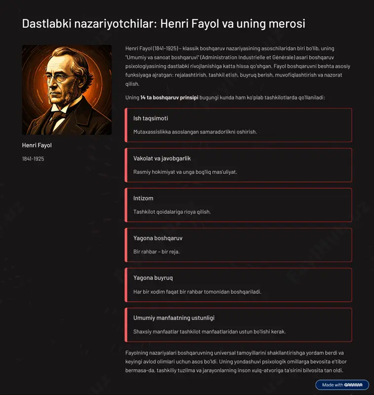 a muhimdir. maslowning ehtiyojlar iyerarxiyasi abraham maslow (1908-1970) inson ehtiyojlarini piramida shaklida beshta bosqichga ajratgan. unga ko»ra, inson avval fiziologik, so»ng xavfsizlik, ijtimoiy, hurmat va nihoyat, o»z- o»zini amalga oshirish ehtiyojlarini qondirishga intiladi. ushbu nazariya rahbarlarga xodimlarning turli ehtiyojlarini aniqlash va ularni qondirish orqali motivatsiyani oshirishda yordam beradi. herzbergning ikki faktorli nazariyasi frederick herzberg (1923-2000) motivatsiya va gigiyena nazariyasini ishlab chiqqan. uning fikricha, ish joyida ikkita turdagi omillar mavjud: motivatsiya beruvchi omillar (masalan, yutuq, tan olinish, o»sish) va gigiyena omillari (masalan, maosh, ish sharoitlari, kompaniya siyosati). gigiyena omillarining yo»qligi norozilikni keltirib chiqaradi, lekin ular motivatsiyani oshirmaydi. motivatsiyani oshirish uchun motivatsiya beruvchi omillarga e¾tibor qaratish kerak. abraham maslow frederick herzberg bu nazariyalar boshqaruv psixologiyasida inson motivatsiyasini tushunish va unga ta¾sir ko»rsatish bo»yicha muhim asos bo»lib xizmat qiladi, rahbarlarga xodimlarni jalb qilish va saqlab qolish strategiyalarini ishlab chiqishda yordam beradi. https://gamma.app/?utm_source=made-with-gamma liderlikning psixologik aspektlari: stogdill va blake & mouton liderlik 4 boshqaruv …
