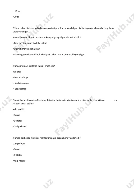 rfagen o’rtasidagi urushga nima sabab bo’ldi? sitsiliya masalasi =soliqlarni to’lamaganlari =chegaralar mustahkam qo’riqlanmagani =xudolarga qurbonlik qilinmagani uchun ?rimliklar karfagen bilan necha marotaba urush qildi? 3 marta =2 marta =4 marta =5 marta ?ikkinchi puni urushida qancha rimliklar halok bo’lgan? 70 ming legioner =60 ming legioner =50 ming legioner = 80 ming legioner ?gannibal qo’shini qachon mag’lubiyatga uchradi? mill avv 202 yilda =mill avv 216 yilda =mill avv v asrda = mill avv 146 yilda ?karfagen qachon butunlay vayron etildi? mill avv 146 yilda =mill avv 216 yilda =mill avv v asrda =mill avv 202 yilda ?provinsiya nima? bosib olingan yerlar =olingan o’ljalar =asirlar =chegaralar ?prokonsullar kimlar? provinsiya noibi =qullar =quldor =sarkarda ?”bo’lib tashla, hukmronlik qil” tamoyili asosida kimlar ish ko’rgan? rimliklar =karfagen =spartaliklar =sitsiliyaliklar ?nima sababdan rimda qullar soni nihoyatda ko’payib ketdi? zafarli yurishlar natijasida =rimga boshqa xalqlarning ko’plab kelishi natijasida =kambag’al aholining qarzga botishi natijasida =qul bozorlari savdosi tufayli …