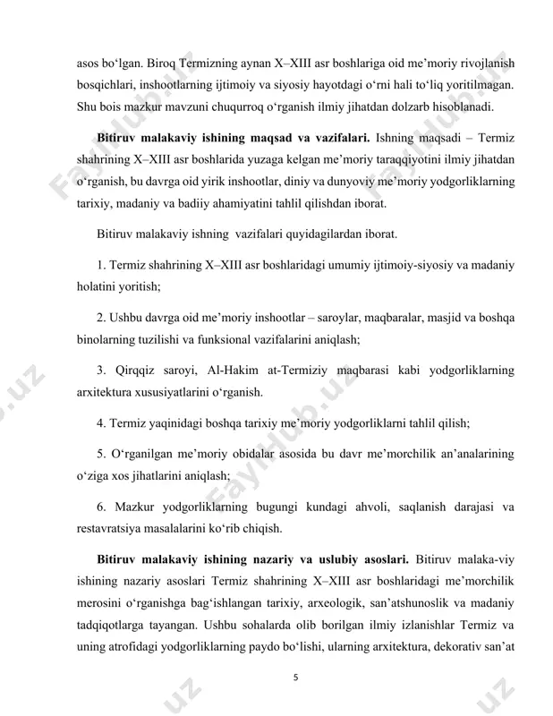 i saqlanish holati va restavratsiya ishlariga oid ilmiy ma’lumotlar tadqiqotga kiritildi. bitiruv malakaviy ishining amaliy ahamiyati. ushbu bitiruv malakaviy ish termiz shahrining x–xiii asr boshlaridagi me’morchiligini o‘rganish orqali mamlakatimizning boy tarixiy-madaniy merosini yanada chuqurroq anglash va qadrlashga xizmat qiladi. tadqiqot natijalari termiz shahridagi tarixiy yodgorliklarni saqlash, restavratsiya qilish va ularni kompleks tarzda saqlashga oid amaliy ishlarni takomillashtirishda qo‘llanilishi mumkin. shuningdek, ishda o‘rganilgan arxitektura va shaharsozlik an’analari bugungi zamon arxitektura va shaharlashtirish sohalarida madaniy merosni hisobga olgan holda loyihalash va rejalashtirishda foydalanish uchun asos bo‘lib xizmat qiladi. tadqiqot o‘quv jarayonida tarix, arxeologiya va san’atshunoslik yo‘nalishlarida o‘quv dasturlarini boyitishga ham yordam beradi. bundan tashqari, malakaviy ish hududiy turizmni rivojlantirishga ham o‘z hissasini qo‘shishi mumkin, chunki termizning o‘rta asr me’morchiligi va tarixiy yodgorliklari haqida kengroq ma’lumotlar turistlar uchun qiziqarli bo‘lgan qo‘llanma sifatida ishlatiladi. shu bilan birga, madaniy merosni saqlashga oid davlat siyosatini mustahkamlash va xalqaro hamkorlikni rivojlantirishda ham tadqiqotning amaliy ahamiyati mavjud. bitiruv …