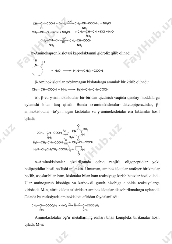 sidagi -aminokislota qoldiqlarining ketma-ketligi ularning birlamchi strukturasi deyiladi. oqsillarning ichki (-) va molekulalararo (-) vodorod bog‘lari hosil bo‘lishi tufayli spiralsimon tuzilishi ularning ikkilamchi strukturasi deb ataladi. silindrsimon -spirallarning fazoda turlicha joylashishi va makromolekula turli qismlarida s-s disulfid ko‘priklarini hosil qilishiga oqsillarning uchlamchi strukturasi deb ataladi. bir nechta polipeptid zanjirlarning vodorod bog‘lari, ion juftlari hosil qilib birlashishi oqsillarning to‘rtlamchi strukturasi deb ataladi. oqsillarga biuret, ksantoprotein, millon va ningidrin reaksiyalari xosdir. oqsillar organizmda muhim hayotiy vazifani bajaradi. adabiyot: 1. o.ya.neyland organicheskaya ximiya. m.: «viysshaya shkola». 1990. s. 615-634. 2. a.n.nesmeyanov, n.a.nesmeyanov nachala organicheskoy ximii. kniga 1. m.: 1969. s. 484-508. image4.wmf image5.wmf image6.wmf image7.wmf image8.wmf image9.wmf image10.wmf image1.png image2.png image3.png