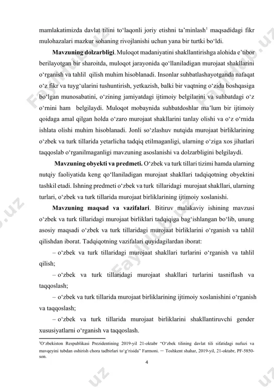 i to‘g‘risida z.akbarovaning “o‘zbek tilida murojaat shakllari va ularning lisoniy tadqiqi” va n.ahmedovaning “o‘zbek tilida murojaat birliklarining semantik-konnotativ tadqiqi” nomli nomzodlik dissertatsiyalari shular jumlasidandir. shuni aytish kerakki, sotsiolingvistik atama bo‘lgan murojaatlar tilshunoslikning sintaksis bo‘limida undalma nomi ostida tadqiq qilingan, o‘rganilgan. xususan, a.r.sayfullayev “o‘zbek tili sodda gap qurilishida uchinchi darajali bo‘laklar” (1972), a.h.sulaymonov “o‘zbek tilida atov gap, undalma va vokativ gaplar” (1956), a.g‘.g‘ulomov “hozirgi zamon o‘zbek tilida konspektiv kurs” (1948), “sodda gap” (1955), a.g‘.g‘ulomov, m.a.asqarova “hozirgi o‘zbek adabiy tili. sintaksis” (1965), b.o‘rinboyev “hozirgi o‘zbek tilida vokativ kategoriya” va boshqa ko‘plab ilmiy tadqiqot ishlari keng qamrovli tarzda talqin etilgan. turkcha ilmiy tadqiqotlarda murojaat birliklari haqida 1997-yilda jrnka dragolovchaninning “tanzimat’tan cumhuriyet’e kadar basılı metinlerde geçen hitaplar, unvanlar ve akrabalık adları”, 2008-yilda narin azapning “türkiye türkçesinde hitap ve ara sözler (duygu sözleri)”, 2017-yilda merve demirboshning “türkiye türkçesi ağızlarında seslenme sözleri”, 2013-yilda esra yulduzning “türkçede sevgi sözleri” nomli tadqiqotlaridir. bundan tashqari bir qator maqolalarda ham …
