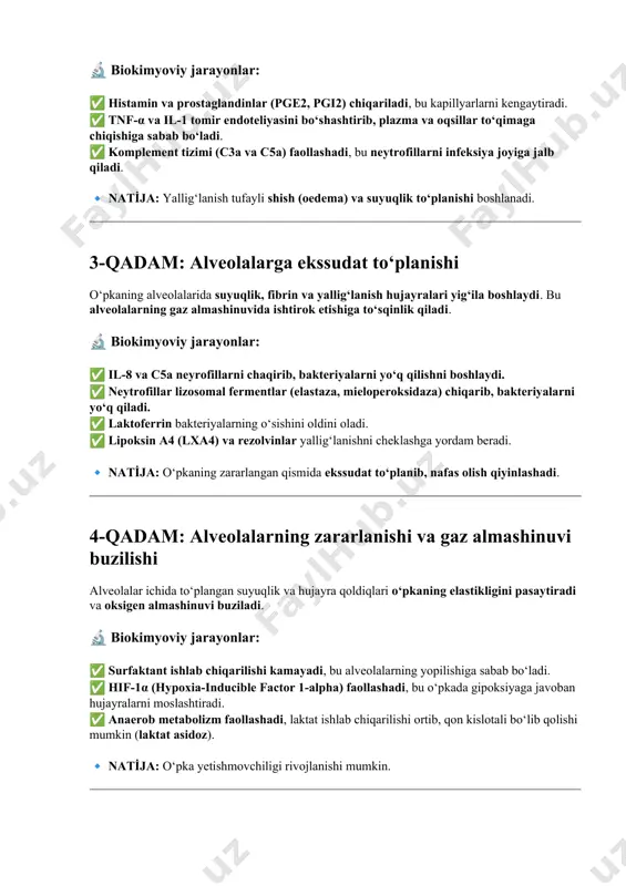 qila olsa, yallig‘lanish tugaydi va o‘pka tiklanadi. ammo, agar yallig‘lanish davom etsa yoki immunitet zaif bo‘lsa, asoratlar rivojlanishi mumkin. 🔬 biokimyoviy jarayonlar: ✅ makrofaglar il-10 va tgf-β chiqarib, yallig‘lanish jarayonini bostiradi. ✅ fibroblastlar faollashib, zararlangan joylarni biriktiruvchi to‘qima bilan almashtiradi. ✅ agar infektsiya nazorat qilinmasa, sepsis yoki o‘pka fibrozi rivojlanishi mumkin. 🔹 nati̇ja: o‘pka yoki organizm tiklanadi yoki surunkali asoratlar rivojlanadi. xulosa pnevmoniya patogenezining qadam-baqadam jarayoni: 1️⃣ patogen epiteliyga yopishadi va immun tizimi uni tanib oladi → (il-1, il-6, tnf-α faollashadi). 2️⃣ kapillyarlar kengayadi va tomirlarning o‘tkazuvchanligi ortadi → (histamin, pge2, tnf-α). 3️⃣ alveolalarda ekssudat to‘planadi, bakteriyalar yo‘q qilinadi → (il-8, komplement tizimi faollashadi). 4️⃣ alveolalar zararlanadi, gaz almashinuvi buziladi → (surfaktant kamayishi, gipoksiya, anaerob metabolizm). 5️⃣ immun tizimi infektsiyani yo‘q qiladi yoki asoratlar rivojlanadi → (il-10, fibroblastlar faollashuvi, o‘pka fibrozi).