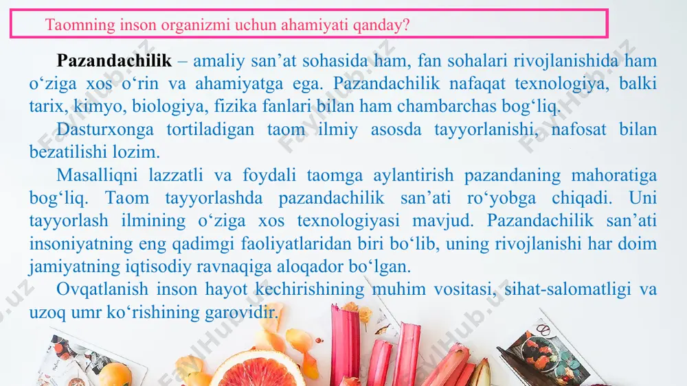 ertalabki nonushta, ikkinchi nonushta, tushlik, tushdan keyingi yengil ovqatlanish, kechki taom bilan belgilash tavsiya etiladi. this presentation uses a free template provided by fppt.com www.free-power-point-templates.com yodda tuting! 10–13 yoshlаr оrаlig‘idа insоn оrgаnizmi tеz rivоjlаnаdi. мuskul vа suyaklаrning o‘sishi uchun ko‘prоq go‘shtli vа sutli mаhsulоtlаrni istе’mоl qilish tаvsiya etilаd oziq-ovqat mahsulotlarini uyquga ketishdan 2–2,5 soat oldin isteʼmol qiling. kechki taomni isteʼmol qilish vaqtini 18.00 dan 19.00 gacha qatʼiy belgilang. this presentation uses a free template provided by fppt.com www.free-power-point-templates.com yog‘, oqsil, uglevod va vitaminlarning inson hayotidagi ahamiyati oqsillar – organizm hujayralari va to‘qimasining asosini tashkil qiladi. oqsillar tuxum, sut va sut mahsulotlari, go‘sht, baliq, shuningdek, o‘simlik mahsulotlari – loviya, bug‘doyning undirilgan doni, dengiz o‘tlari, oq loviya, non, xamirli makaron mahsulotlari, jigarrang guruch, yong‘oqda mavjud bo‘ladi. o‘simlik oqsillari kerakli oziqlar bilan organizmni to‘liq ta’minlay olmaydi, shuning uchun inson albatta go‘sht iste’mol qilishi kerak. organizmda oqsilning yetishmasligi insonni og‘ir kasalliklarga olib keladi. oqsil …