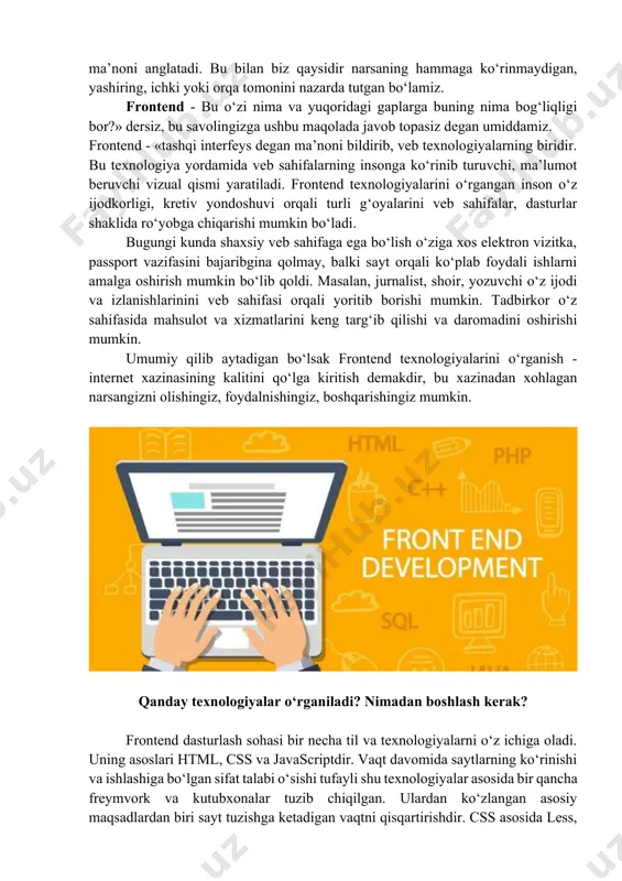 ilning eng ommalashgan dasturlash tili deb tan olindi. javascript haqida javascript nima? - bu savolga har xil javob berish mumkin. bu dasturlash tili, to‘g‘rirog‘i veb dasturlash tili, undan ham to‘g‘rirog‘i klient tomonda ishlaydigan dasturlash tili, ya’ni bu veb dasturlash tili ishlashi uchun hech qanday server kerak emas, oddiy brauzerda ishlayveradi. javascript veb dasturlash tilini qachon o‘rgangan ma’qul? - bu dasturlash tilini html, css kabilarni o‘rganib olgandan keyin boshlagan yaxshi. shunda o‘rganish ham oson bo‘ladi. ko‘pchilik darhol php veb dasturlash tilini o‘rganishni boshlab yuborishadi, keyin qiynalib qolishadi, mani fikrimcha dasturlash tilidan dastlab javascript’ni o‘rgangan yaxshi va yengil. javascript dasturlash tilining rivoji va kelajakdagi o‘rni qanday? - hozirgi kunda ushbu dasturlash tili dasturchilar orasida alohida xurmatga egadir. jumladan ushbu dastur yordamida web-sayt yaratish, telefonlar uchun dasturlar yaratish va boshqa muhim va katta dasturlash yaratiish mumkin. less va sass less va sass oldindan ishlov beruvchi freymvorklari css asosida yaratilgan bo‘lib, dasturchilar uchun css …