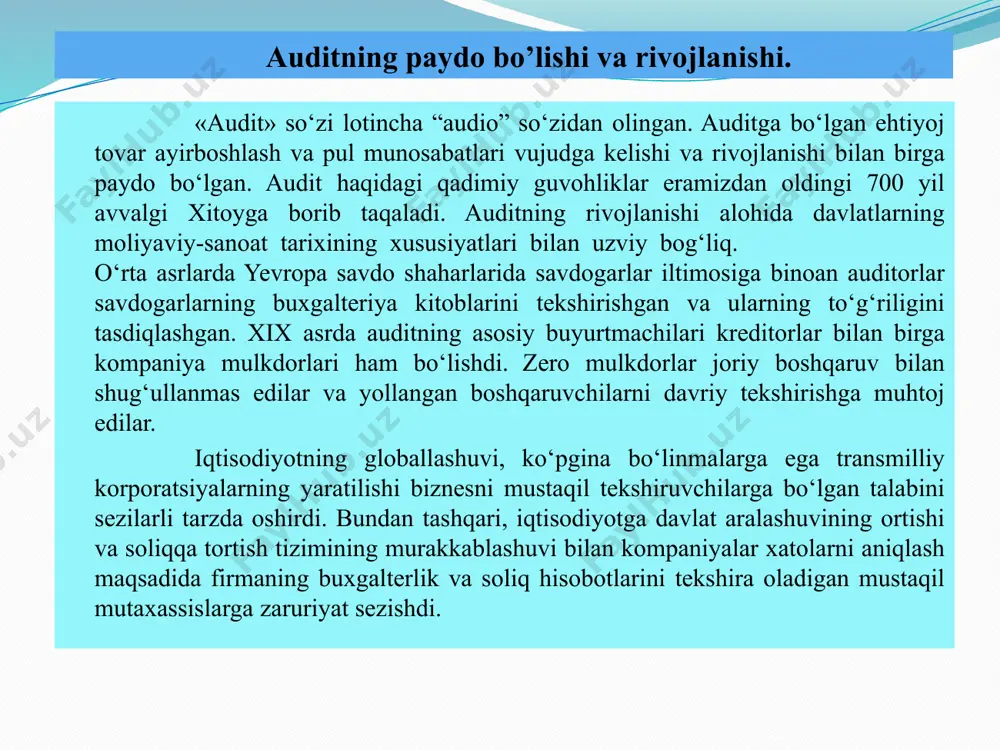 r xo‘jalik yuritishdagi salbiy holatlarni ularni bartaraf etish va kelajakda yuzaga kelishiga yo‘l qo‘ymaslik maqsadida aniqlashadi. ya’ni xo‘jasizlik sabablari, xo‘jalik huquqi me’rlari hisoblanadigan qonun va me’yoriy hujjatlar buzilishlariga faol ta’sir ko‘rsatishadi, aniq shaxslar tomonidan sodir etilgan talafotlarni qaytarilishiga ko‘maklashadilar. bundan tashqari, ular bir xil axborot manbalari – moliya - xo‘jalik nazorati masalalari bo‘yicha qonun va me’yoriy hujjatlar, dastlabki hisob hujjatlari, buxgalteriya hisobi registrlari, hisobotlaridan foydalanishadi. shu bilan birga, audit, taftish va sud-buxgalteriya ekspertizasi o‘rtasida ma’lum farqlanishlar mavjud. audit va taftish o’rtasidagi tafovutlar farq qiladigan belgilari audit taftish maqsadlariga ko’ra moliya-xo’jalik faoliyatidagi kamchiliklarni uning ajralmas elementi sifatida aniqlashga yo’l qo’ymaslikni ta’minlash kamchiliklarni oldini olish va bartaraf qilish uchun ularni aniqlash huquqiy jihatlari bo’yicha fuqarolik huquqi ma’muriy huquqi gnoseologik (bilish) jihatlari bo’yicha mijoz xo’jalik yurituvchi sub’ekti buxgalteriya hisobotidagi axborotlarning haqiqiyligini isbotlash sodir etilgan operasiyalarning qonuniyligi va xodimlar tomonidan o’g’irliklar yo’qligini aniqlash uslubiy jihatlar bo’yicha uslubiy jihatdan o’xshash, ammo qo’yilgan maqsadlar xilma-xilligidan kelib …