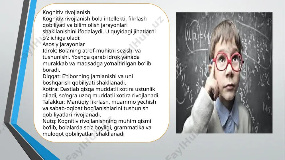 qiluvchi omillar tahlil qilindi. shu bilan birga, harakatli faoliyatning bolalarning aqliy faoliyatiga, jumladan, tafakkur, xotira, e’tibor, va ijodkorlik kabi ko‘nikmalariga bo‘lgan ijobiy ta’siri isbotlandi. tadqiqotda o‘tkazilgan tajriba-sinov ishlari bolalarning kognitiv rivojlanishini rag‘batlantirishda harakatli faoliyatning samaradorligini ko‘rsatdi. foydalanilgan adabiyotlar: 1. andreeva, g. m. (2011). psikhologiya: umumiy va pedagogik. moskva: yurayt bu manba kognitiv rivojlanishning psixologik asoslari, bolalar psixologiyasi va ta’lim jarayonidagi harakatli faoliyatning o‘rni haqida muhim ma’lumotlarni taqdim etadi. 2. vygotsky, l. s. (1991). psikhologiya i obshchestvo. moskva: pedagogika vygotskining kognitiv rivojlanish va faoliyat orqali o‘rganish haqidagi nazariyasi, uning ta’lim va tarbiya jarayonida ahamiyati kiritilgan. 3. piaget, j. (1972). psikhologiya razvitiya. moskva: progress piagetning rivojlanish psixologiyasiga oid asarlari, ayniqsa bolalar tafakkurining rivojlanish bosqichlarini tushunishga yordam beradi. , nyu-york, 1967. 8.o‘zbekiston respublikasi maktabgacha ta’lim vazirligi dasturlari – “ilk qadam”. 9.karimova l.k. “maktabgacha yoshdagi bolalar psixologiyasi”, toshkent, 2019. 10.anderson j.r. “cognitive psychology and its implications”, 2010. internet manbalari. 1.www.ziyo.net 2.www.psixolog.uz e`tiboringiz uchun rahmat …
