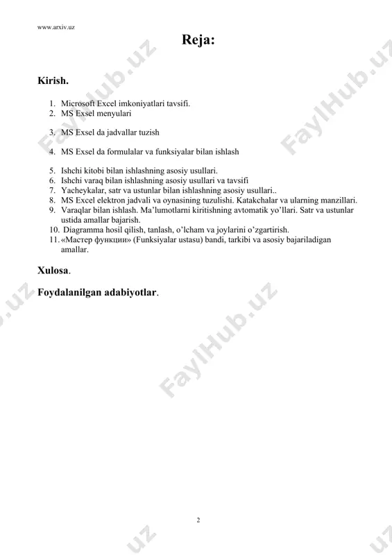 gan bunday fayl «ish kitobi» (workbook) deb yuritiladi. excel ning asosiy ish sohasi-bu «ish kitobi» bo’lib, u bir yoki bir necha ish varaqlaridan iborat. ish varag’ida buxgalter (hisobchi) kitobi kabi, sonlar, matnlar, arifmetik ifodalar va hisoblar satr hamda ustunlarda joylashgan bo’ladi. excel ning buxgalter kitobidan asosiy farqi shundaki, barcha hisob ishlarini jadvalning o’zi bajaradi, lekin ma’lumotlarni kiritish foydalanuvchi zimmasida bo’ladi. 1.microsoft excel imkoniyatlari tavsifi. elektron jadvallar hayotning har xil sohasida uchraydigan, avvalambor hisoblash va iqtisodiy masalalarni echishda, jumladan, berilganlarni tez o'zgartirib turuvchi masalalarni tezkor ravishda qayta ishlab chiqishda, masalan, bank hujjatlari bilan ishlash kabi keng ko'lamli masalalarni echishda qo'llaniladigan o'ta quvvatli vosita hisoblanadi. hisoblash elektron jadvalining dastlabki dasturi 1979 yili visicals (visiblencalculators - ko'rinib turuvchi kalkulyator) nomi bilan software arts firmasida chiqqan. bu dastur apple ii kompyuteri uchun ishlab chiqilgan va ko'p jihatdan uning bozorda ommabopligi aniqlandi. 1981 yil ibm ps kompyuteri paydo bo'lishi bilan bu tipdagi kompyuterlar uchun elektron …