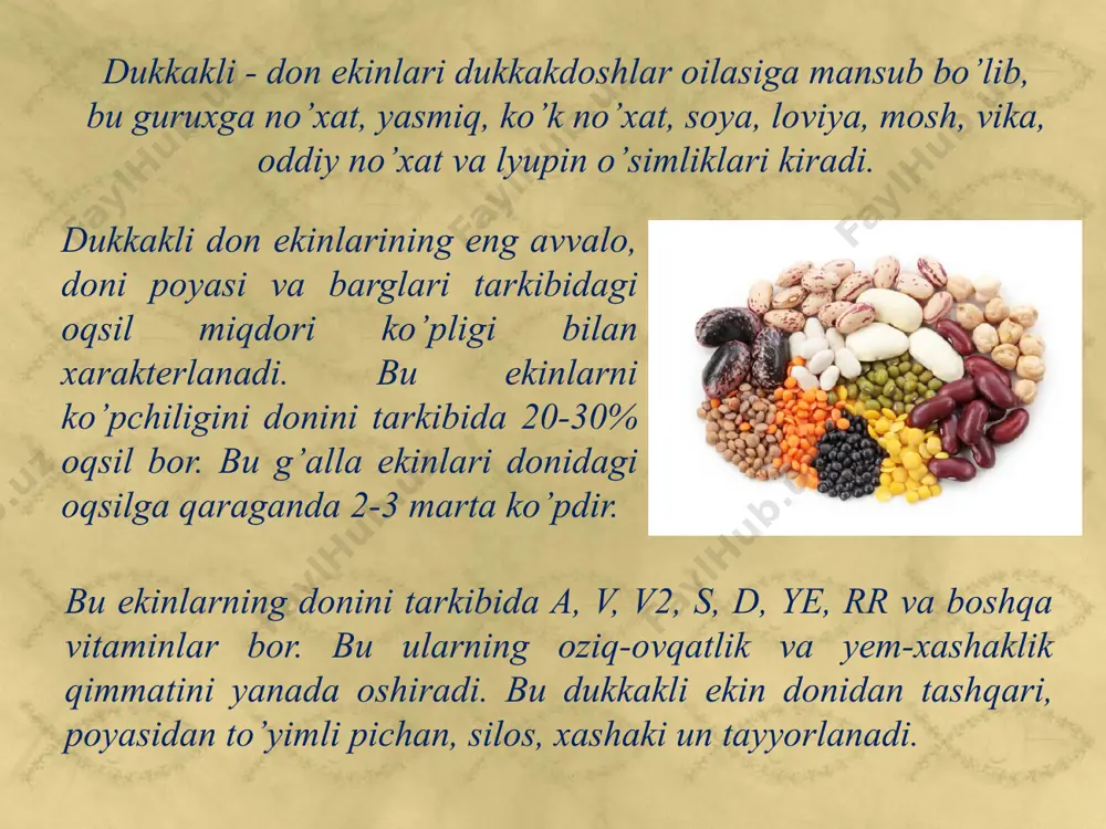 arqalgan. yer yuzida don-dukkakli ekinlarning orasida birinchi o’rinni egallaydi va 62 mln.ga maydonga ekiladi. o’zbekistonda bu ekinga endi e’tibor berilmoqda. yog’ ishlab chiqarilmoqda. 1998 yili 10 ming ga atrofida ekilgan. takroriy ekin sifatida ekin maydoni kengaytiriladi. o’zbekiston sharoitida 1,5-4,o t/ga xosil olinadi. 2000 yilda soyaning jaxon bo’yicha o’rtacha xosildorligi 22,1 s. ni tashkil etdi. soya fabaseaye oilasiga, glycine 1 avlodiga mansubdir. dexqonchilikda soyaning bitta madaniy turi - glycine hispida ekiladi yovvoyi turlaridan keng tarkalgani-glycine ussuriensis ussuriya turi. ma’daniy turi 4-ta kenja turlarga bo’linadi: a)koreya turi-g ser koraiensis enk, b)manchjuriya turi- g ssr manshurica enk, v)xitoy turi -g ssr chinensis yenk, g)xind turi -g ssr indica yenk. bu turlar o’suv davri, to’pining shakli, dukkagini, bargini kattaligi, urug’ni shakli va kattaligi bo‘yicha farq qiladi. soyaning poyasi baquvvat, tik va sershox bo’lib o’sadi, to’pining bo’yicha 1,5 mgacha yetadi. barglari uchtali, yig’ib olinadigan vaqtga kelib xammasi tushib ketadi. guli mayda oq yoki oq binafsha …