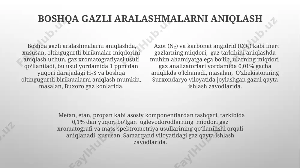 aniqlash gazdagi vodorod sulfidining miqdorini aniqlash uchun, masalan, surxondaryo viloyatidagi gaz qazib chiqarish maydonlarida, iodometrik usuldan foydalaniladi, bu usul 1 mg/m³ dan yuqori konsentrasiyalarni aniqlash imkonini beradi. oltingugurtli birikmalar miqdorini aniqlashda gaz xromatografiya usuli qo‘llaniladi, bu usul yordamida 10 ppm dan yuqori konsentrasiyadagi oltingugurtli birikmalarni aniqlash mumkin, masalan, turkmaniston gaz konlarida. o'zbekistonning gaz qayta ishlash zavodlarida oltingugurtli birikmalarning miqdorini aniqlash uchun titrimetrik usullar, xususan, merkaptanlar uchun 0,01n eritmalar bilan titrlash qo'llaniladi. tabiiy gaz sifatini baholash mezonlari tabiiy gaz sifatini baholashda metan (ch₄) miqdori muhim ko'rsatkich hisoblanadi, u 90% dan yuqori bo'lishi kerak, aks holda surxondaryo viloyatidagi gaz konlarida kabi aralashmalar miqdori yuqori bo'ladi. gaz tarkibidagi oltingugurtli birikmalar (h₂s) miqdori, masalan, 10 ppm dan oshmasligi kerak, chunki bu korroziyaga va atrof muhitga salbiy ta'sir ko'rsatadi, bu toshkent shahridagi gaz quvurlarini himoya qilishda muhimdir. gazning kaloriyaviy qiymati, odatda, 8000-9000 kkal/m³ oralig'ida bo'lishi kerak. bu ko'rsatkich farg'ona vodiysidagi gaz quvurlarining ishlashi uchun muhimdir. …