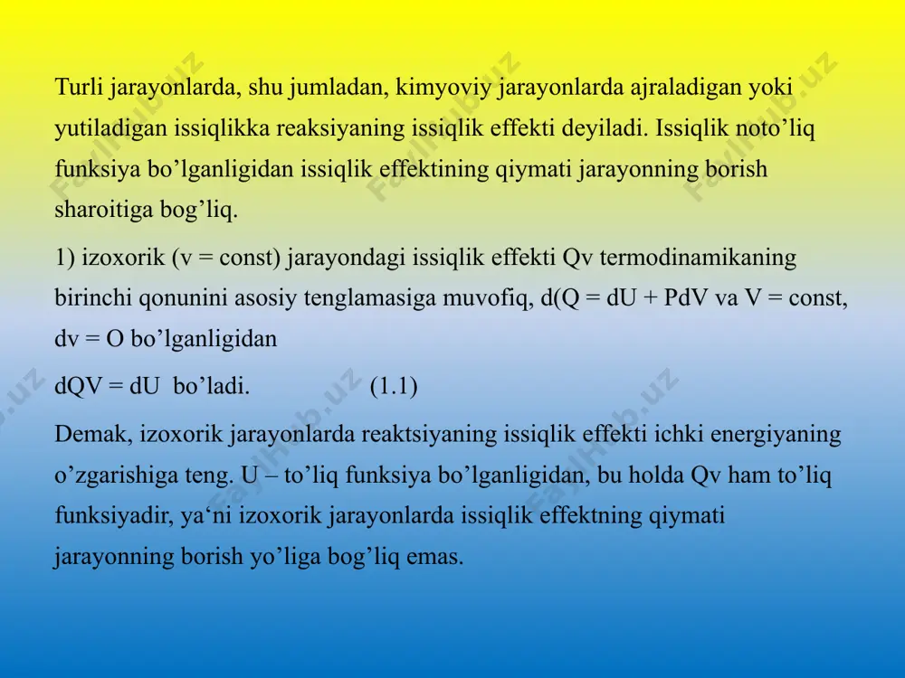 odda to’la yonganda (yuqori oksidlar hosil qilish bilan) ajralgan issiqlikdir. masalan, c2h5oh + 3o2 = 2co2 + 3h2o – δhё reaksiyaning issiqlik effektini (δhр ni) – kimyoviy reaksiyalarda ajralgan (yoki yutilgan) issiqlikni va umuman, turli jarayonlar – erish, bug’lanish, kristallanish va xokazolarning issiqlik effektini muayyan ma‘lumotlar asosida gess qonuniga muvofiq hisoblab topish mumkin. yuqorida bayon etilgan issiqlik effektlari orasida reaksiyaning issiqlik effekti amaliy ahamiyatga egadir. yonish issiqligi esa yoqilg’i moddalar (neft mahsulotlari, ko’mir va hokazo) uchun ahamiyatlirdir. hamma reaksiyalarning issiqlik effektini ma‘lumotnomalarda keltirish juda katta hajmni oladi, ba‘zi reaksiyalarning issiqlik effektini tajribada aniq o’lchash juda qiyin yoki o’lchash mumkin bo’lmaydi. shunga ko’ra, reaksiyaning issiqlik effektini molekulaning hosil bo’lish issiqlik effekti yoki yonish issiqlik effektlaridan foydalanib gess qonuni asosida hisoblash mumkin. ko’p moddalar uchun molekulaning hosil bo’lish va yonish issiqlik effekti qiymatlari standart sharoitda ma‘lumotnoma jadvallarida berilgan. so­3 + h2o = h2so4 reaksiyaning issiqlik effektini hosil bo’lish issiqligidan foydalanib hisoblash mumkin …