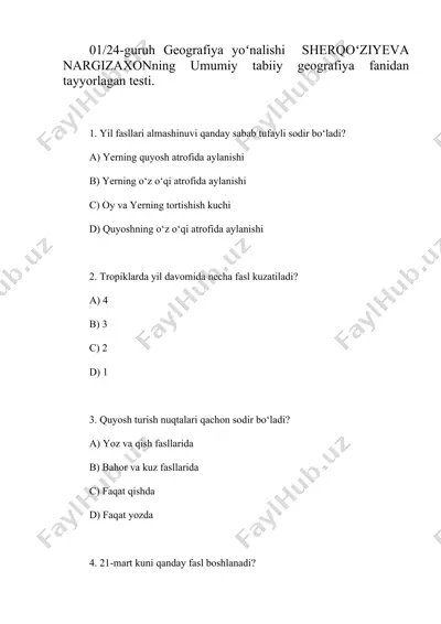 umumiy tabiiy geografiya testi — DOCX