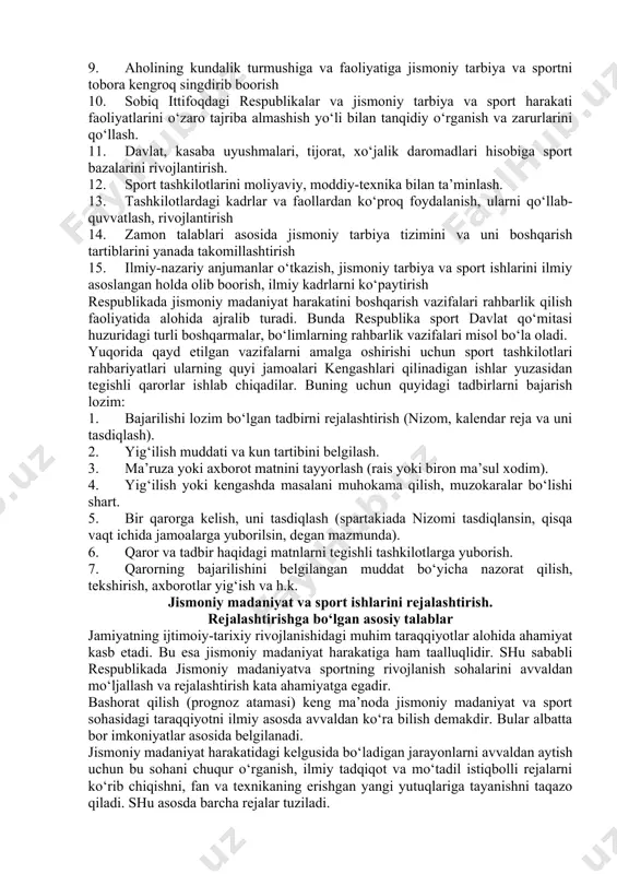 diqlangan o‘zbekiston milliy olimpiya qo‘mitasining ustavidan na’munalar: ustavda asosiy moddalar turkumida 20ga yaqin bo‘limlar berilib, ularda respublika konstitutsiyasi (39-modda) asosida tuzilgan huquqiy tashkilot ekanligi, ustavdagi talablar xalqaro olimpiya qo‘mitasining xartiyasi (ustavi) negizida tayyorlanganligi hamda ular respublika hududlarida teng kuchga egaligini bayon qiladi. bu bo‘limdagi moddalarda respublika milliy olimpiya qo‘mitasining huquqlari (4-modda 19-bandi bilan berilgan). qo‘mitaning tarkibiy tuzulishi (5-modda), undagi faxriy a’zolar (6-modda), ijroqo‘mitaning majburiyatlari (10-modda), prezidentning vazifalari (12-modda), pespublika milliy olimpiya qo‘mitasining ta’minot bazalari (20-modda), qo‘mitaning ish faoliyatini to‘xtatish yoki davom ettirish (24-modda) haqidagi mulohazalar berilgan. ustavga asosan milliy olimpiya qo‘mitasining turli hay’atlari tuziladi. shunga ko‘ra, quyidagicha hay’atlar bor: 1. tashkiliy-ommaviy hay’at raisi 12 kishi a’zo 2. sport hay’ati raisi 12kishi a’zo 3. xalqaro aloqalar bo‘yicha hay’at raisi toshkent shahar hokiminining muovini, 7 kishi a’zo 4. tibbiy hay’at 5kishi a’zo 5. ommaviy axborot vositalar bilan aloqalar bo‘yicha hay’at, 4 kishi a’zo 6. ilmiy-nazariy hay’at 6 kishi a’zo 7. davlat va …