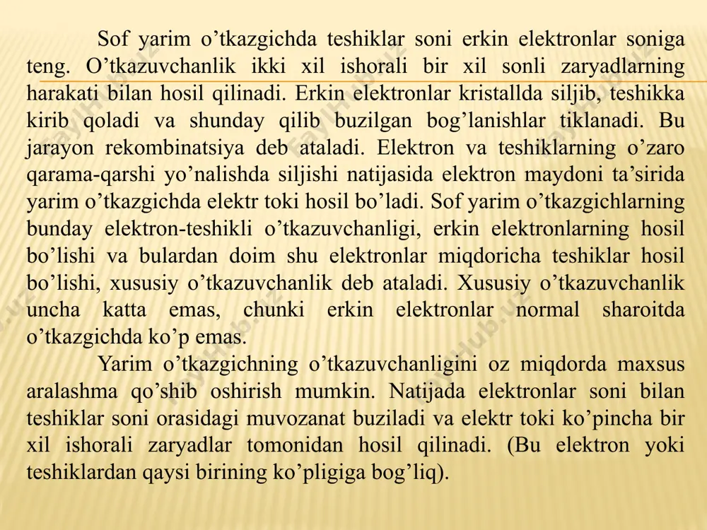 kazgichning trioddagi plastinasi baza yoki asos (v) deb, aralashmadan bir tomchisi emitter (e) (kiruvchi yoki injektsiyalovchi zaryadlar), ikkinchi tomchi kollektor (s) (zaryadlarni to’plovchi) deb nomlangan. baza 10 - 12 mkm qalinlikda yasaladi. emitter, kollektor va baza ta’minlash manbaiga ulangan o’z chiqishlariga ega. p - n - p tipidagi triod emitter ta’minlash manbai plyusiga, kollektor esa minusiga ulangan, n - p - p tipidagi triod emitteri manba minusiga, kollektor esa plyusga ulangan. natijada ikkita elektron-teshikli o’tish hosil bo’lib, ulardan biri, ya’ni emitter bilan baza orasidagi emitterli o’tish, ikkinchisi, ya’ni baza bilan kollektor orasidagisi kollektorli o’tish deb ataladi. tranzistorda emitterdan bazaga boruvchi baza toki it va emitterdan kollektorga boruvchi kollektor toki is bo’ladi. baza toki ibboshqarish toki, kollektor toki is esa asosiy tokdeb ataladi. tranzistor ishida baza toki ib muhimahamiyatga ega. u juda oz miqdorda bo’lishi lozim, shuning uchun, odatda, rezistor rv ni ulab u cheklanadi. agar baza toki bo’lmasa, triod qarshiligi …