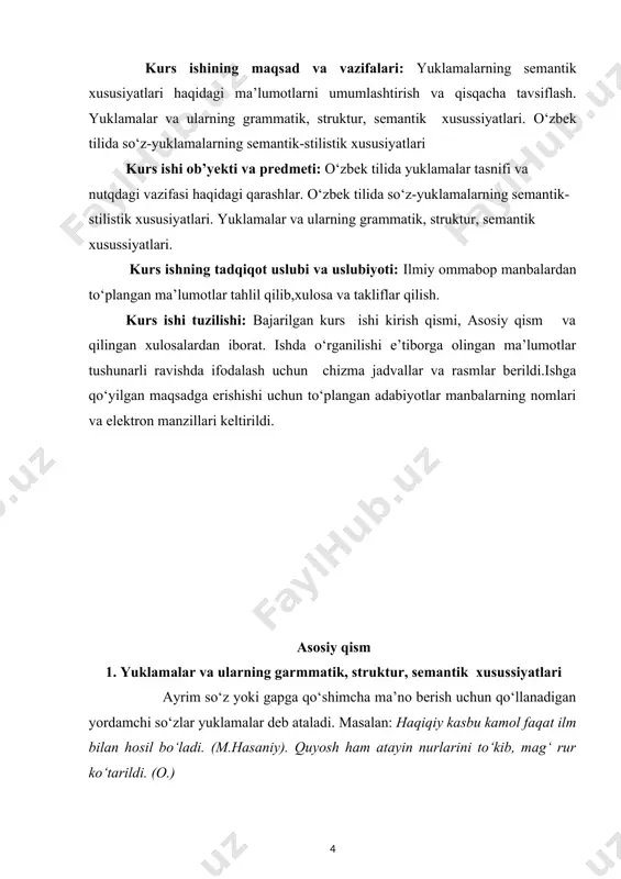zim, bugun mehmonlaringni sultonxonlarnikiga olib chiqasan-a? – deb qolmasinmi! (a.qod.) 2. kuchaytiruv va ta’kid yuklamalari: -ku, -u, -yu, -da, -oq (-yoq), -ki (-kim), ham, hatto, hattoki, axir, nahot (nahotki). -ku, -u, -yu, -da, -oq (-yoq), -ki (-kim) yuklamalari ma’noni kuchaytirish, to‘liqsizlik, tezlik va davomiylik ma’nolarini ifodalash uchun qo‘llanadi. masalan, shundan keyin men uzoq safarga ketdim-u, masturaning taqdiridan bexabar bo‘ldim (a.q.) - o‘z qizingiz-ku, tengini topib bering-da! (cho‘lpon) mirzo ulug‘ bek maktubni o‘qib tugatmasdanoq o‘rnidan turib ketdi. (o.yo.) ko‘plar yomg‘irdan qochib ulgirmasdayoq, oftob charaqlab ketdi. (s.a.) bir qissakim, buning so‘ngida sevishganlar topishgusidir. (h.o.) 3. ayiruv va chegaralov yuklamalari: faqat, faqatgina, -gina (-kina, -qina). bu yuklamalar turli so‘z turkumlari bilan kelib, ularni chegaralab ko‘rsatish va ma’no jihatdan ajratish uchun qo‘llanadi. masalan, o‘zi haqida o‘ylamay, faqat xalqqa ilm berishga bel bog‘lagan olim kishi xudi shamga o‘xshaydi, sham o‘zini yondiradi, xalqqa ziyo bag‘ishlaydi. (m.xasaniy) faqat yuklamasi o‘rnida yolg‘iz so‘zi qo‘llanishi ham mumkin. miryoqubning topishi …