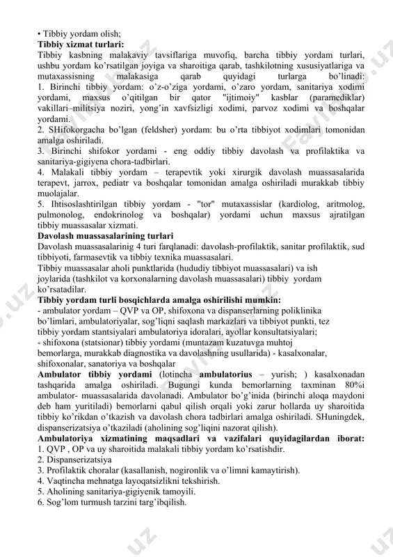 haroitlariga rioya qilish) • sog’liqni saqlash tamoyili, sog’lom turmush tarzini singdirish; • aholini tibbiy ko’rikdan o’tkazish; • tibbiyot muassasalari ishida uchastka tamoyilining saqlanib qolinishi; • umumiy amaliyot shifokorlarining profilaktik faoliyat xizmatini amalga oshirish; profilaktika uch xil bo’lishi mumkin: birlamchi, ikkilamchi va uchlamchi. birlamchi profilaktika - bu inson salomatlik holatining va kasallikning yomonlashuvini oldini olish, shuningdek kasallilarning erta va yashirin shakllarini aniqlashga qaratilgan tibbiy va tibbiy bo’lmagan choralar majmui. ikkilamchi profilaktika - yuzaga kelgan kasalliklarning avj olishini oldini olishga qaratilgan tibbiy choralar to’plamidir. uchlamchi profilaktika kasalliklarning rivojlanishi va ularning asoratlari kelib chiqishini oldini olishga qaratilgan. ikkinchi tamoyil - sog’liqni saqlashsohasida inson va fuqorolar huquqlarini himoya qilish. bir necha yo’nalishda amalga oshiriladi: • tibbiy va ijtimoiy yordam olishda fuqorolarning huquqlari; • tibbiy va farmatsevtika xodimlarining majburiyatlari va huquqlari; • salomatlikka zarar etkazish uchun javobgarlik; • tibbiy yordam olish; tibbiy xizmat turlari: tibbiy kasbning malakaviy tavsiflariga muvofiq, barcha tibbiy yordam turlari, ushbu yordam …
