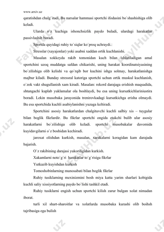 sobaka kurashi olib boihsh tajribasiga ega bulish musoboka davrida e'tiborni chalgituvchi fikrlarni ongli ravishda еnga olish, e'tiborni fakatgina asosiy harakatlarni bajarishga karatish barcha sportchilar bu tusiklarga duch kеladilar. kup uchraydigan ruhiy tusiklar kuyidagilardir: odat bulib kolgan xayot turmush tarzini o`zgartirish zaruriyati insonda yillrar mobynida aniq bir xayot turmush rеjimiga ega bulib koladi. rеjimga faoliyatning yangi turmushlarini kiritish asab faoliyatida urnashib kolgan stеriotiplarni еngish orkali amalga oshiriladi. bu esa inson psixologiyasi – i. p. pavlov so`zi bilan aytganda katta asab mеxnatini talab etadi. bunday ruhiy tusiklarni еngish uchun sportchi ongli ravishda mashgulotlarni davom ettirishi va uningsalbiy emotsional kеchinmalariga e'tiborni karatmasligi lozim. shu jarayonlarga nisbatan unda yangi dinamik stеriotiplar yuzaga kеla boshlaydi. odatiy bulmagan mashklarni bajarishda ungaysizlik, uyalish tuynulari yuzaga kеladi. bu ruhiy tusik juda kuchlidir. u ayniksa tomoshobinlarni yokimsiz ovozlari bilan ifodalanadi. xar kanday extiyotsiz aytilgan so`z fizkultura a sport bilan shugullanuvchining xali еtilmagan intilishiga, putur еtkazishi mumkin. bunday ruhiy tusiklarni …