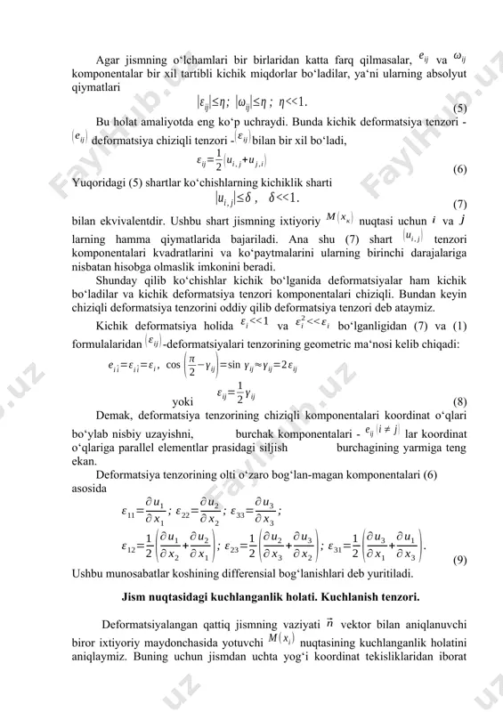 kichik bo‘ladilar va kichik deformatsiya tenzori komponentalari chiziqli. bundan keyin chiziqli deformatsiya tenzorini oddiy qilib deformatsiya tenzori deb ataymiz. kichik deformatsiya holida va bo‘lganligidan (7) va (1) formulalaridan -deformatsiyalari tenzorining geometric ma‘nosi kelib chiqadi: yoki (8) demak, deformatsiya tenzorining chiziqli komponentalari koordinat o‘qlari bo‘ylab nisbiy uzayishni, burchak komponentalari - lar koordinat o‘qlariga parallel elementlar prasidagi siljish burchagining yarmiga teng ekan. deformatsiya tenzorining olti o‘zaro bog‘lan-magan komponentalari (6) asosida (9) ushbu munosabatlar koshining differensial bog‘lanishlari deb yuritiladi. jism nuqtasidagi kuchlanganlik holati. kuchlanish tenzori. deformatsiyalangan qattiq jismning vaziyati vektor bilan aniqlanuvchi biror ixtiyoriy maydonchasida yotuvchi nuqtasining kuchlanganlik holatini aniqlaymiz. buning uchun jismdan uchta yog‘i koordinat tekisliklaridan iborat to‘rtinchi yo‘g‘ining normali bo‘lgan va o‘lchamlari cheksiz kichik bo‘lgan tetraedr ko‘rinishidagi elementar hajmni ajratamiz (1.5-rasm). x3 a3 m a2 x2 a1 x1 1.5-rasm. dekart ko-ordinatalari sistemasi oqlarining bazis vektorlarini lar bilan, vektorining yo‘naltiruv-chi kosinuslarini lar bilan, ya’ni kabi belgilaymiz. tetraedrning koordinat tekisliklari bilan ustma-ust tushuvchi …