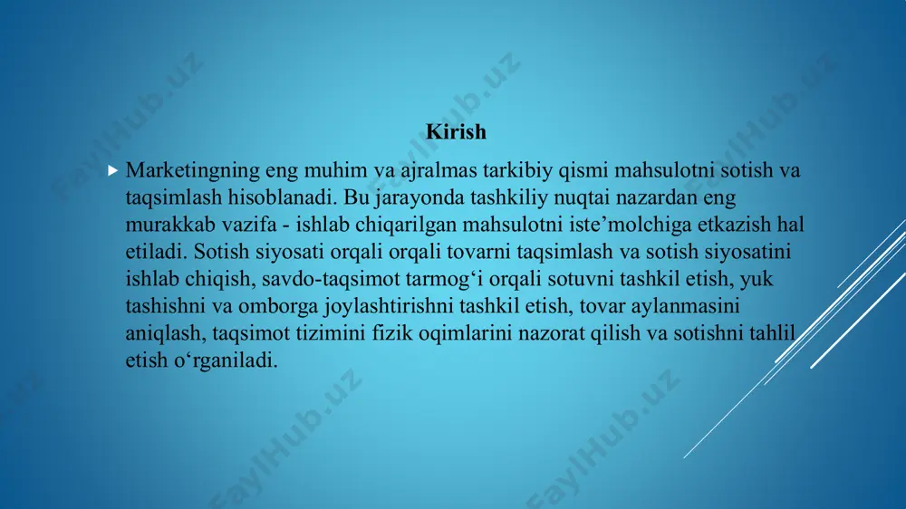 ismoniy taqsimlash – tovarni transportirovka qilish va saqlash tavakkalchilik – mahsulotni sotib olib keyinchalik zarar bilan sotish. muloqotlar – mahsulotni narxi, yetkazib berish sharti va taklifning boshqa punktlari bo‘yicha muloqotlar o‘tkazish muvofiqlashtirish – talab va taklifni bir-biriga moslashtirish aloqa – kerakli xaridorlarni topish va ular bilan aloqa o‘rnatish siljitish –mahsulot taklifiga oid ishontiruvchi axborotlarni reklama va boshqa vositalar orqali tarqatish chakana savdo aholiga to‘g‘ridan - to‘g‘ri tovar sotish va xizmat qilish bilan bog‘liq bo‘lgan tadbirkorlik faoliyatini o‘z ichiga oladi. chakana savdo tovarlar assortimentining shakllanishida qatnashadi.chakana savdoning moddiy texnika asosini do‘konlar,univyermaglar, maxsuslashgan do‘konlar, supermarketlar, oshxonalar va ko‘pchilik mayda shaxobchalar tashkil etadi. ulgurji savdo umumlashgan vositachi hisoblanadi va ko‘pchilik vazifalarni bajaradi. ulgurji savdodan sanoat korxonalari, tijorat firmalari va davlat muassasalari ulgurjisiga tovar sotib olishlari mumkin.ulgurji savdo bazasi mustaqil faoliyat ko‘rsatuvchi, maxsus ombor xo‘jaligiga va malakali xodimlarga ega bo‘lgan firma mavqeida ishlaydi. u tovar assortimentlarini qabul qilish, saqlash va iste’molchilarga etkazib berish jarayonini …
