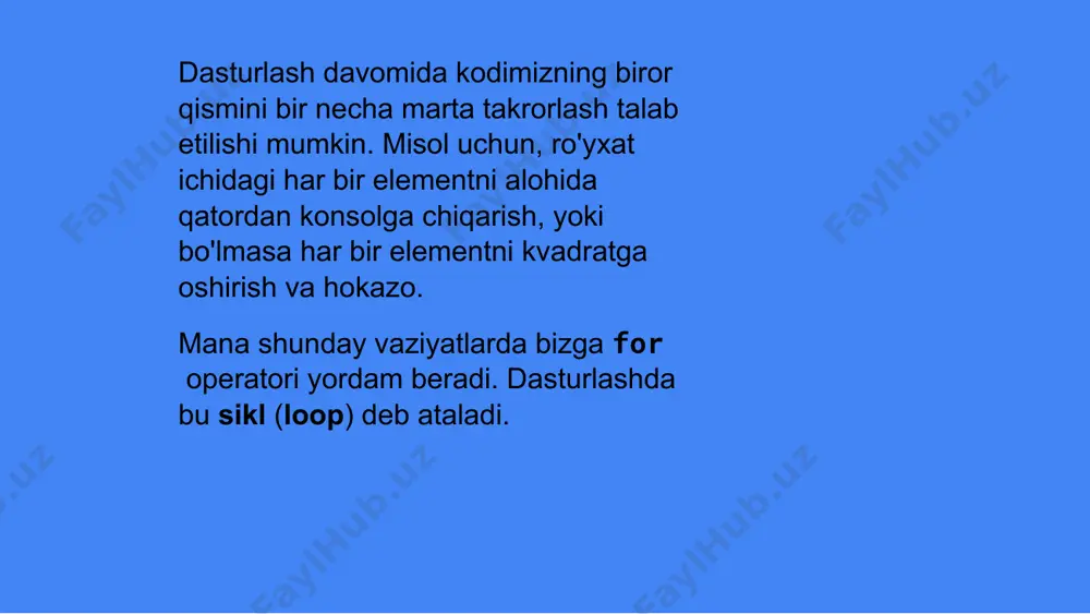 l n sonini bo’luvchilarini chiqarish dasturini tuzing n = int(input('n = ')) for i in range(1, n+1): if n % i == 0: print(i) =========== restart: /home/elmiramiryaxyoyeva/sonlarni chiqarish.py =========== n = 6 1 2 3 6 10-misol sonlarni teskari tartibda chiqarish dasturini tuzing for i in reversed(range(10)): print(i) ============ restart: /home/elmiramiryaxyoyeva/sonlarni chiqarish.py =========== 9 8 7 6 5 4 3 2 1 0 e’tiboringiz uchun rahmat