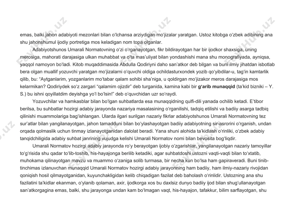 arali normatovning qiyofasiga xos yana bir belgini sezish mumkin. bu ustozning yuksak maʼnaviyatli, qatʼiy imon-eʼtiqodga ega boʻlgan shogirdlik va doʻstlik tuygʻusidir. oʻzining tan olishicha, universitetda oʻqib, ishlab topgan eng katta boyligi, baxti ozod sharafiddinovdek buyuk ustozga shogird boʻlganligidir. ozod sharafiddinov tufayli abdulla qahhor bilan hamsuhbat boʻlish baxtiga erishdi. ayni chogʻda, domla shogird sifatida “ustozi avval”i gʻulom karimov, ajoyib “odamoxun siymo” subutoy dolimov, “sharqu gʻarb tadqiqotchisi” fozila sulaymonova, “olim, tarjimon, murabbiy” shoislom shomuhamedov kabi ustozlari, hamkasb doʻstlari nuriddin shukurov, begali qosimov, norboy xudoyberganov, abdugʻafur rasulovlar toʻgʻrisida ham samimiyat va mehr bilan hikoya qiladilar. shu boisdan ham qanday martabaga, obroʻ-eʼtiborga erishgan boʻlsa, buning uchun umarali normatov eng avval, ana shu ustozlariga taʼzim qiladi. ehtimol, shuning uchundir umarali normatovning oʻzi ham shogirdlarining yuksak mehr-muhabbatiga sazovor boʻlib kelayotir. yana bir kitobi umarali normatovning qirq yildan ortiqroq davr mobaynida oʻrganib kelgan abdulla qodiriy ijodiga bagʻishlangan boʻlib, “qodiriy moʻjizasi” nomli monografiyadir. chindan ham abdulla qodiriy milliy …
