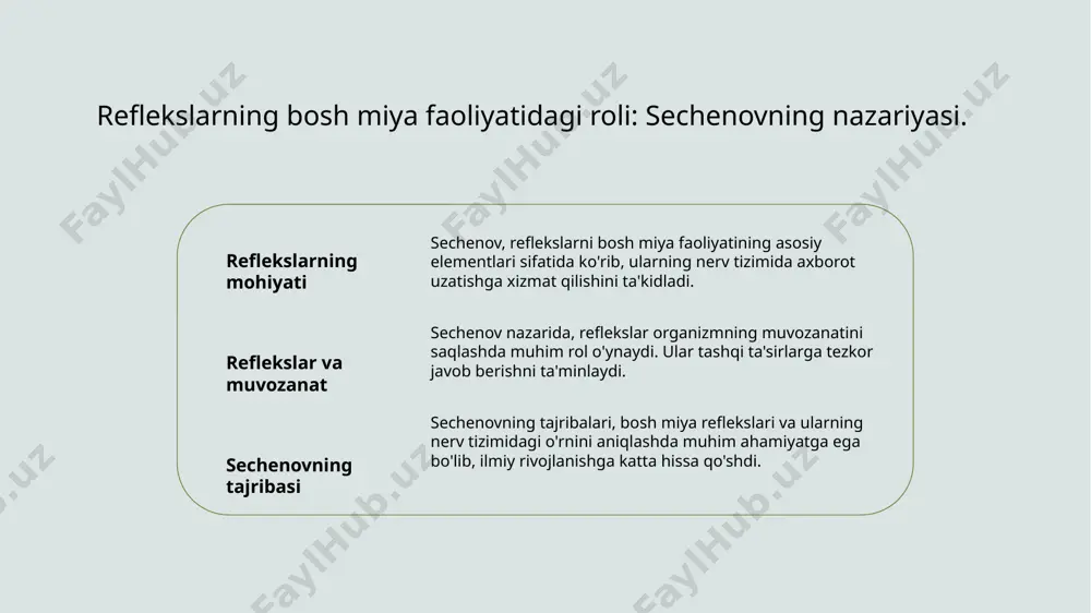 ri reflekslarning asosiy prinsiplari shartli va shartsiz reflekslar bo'lib, ularning o'zaro bog'liqligi va ko'rsatmalar asosida ishlashini ta'minlaydi. refleks tizimining funktsional xususiyatlari va ularning ahamiyati. refleks tizimi funktsional mexanizmlar ahamiyati va qo'llanilishi refleks tizimi organizmning muhim funktsional birligi bo'lib, impulslarni tezda qayta ishlash va javob berish imkonini beradi, bu esa hayotiy jarayonlarni boshqaradi. refleks tizimidagi funktsional mexanizmlar asab hujayralari va sinapslar orqali impulslarni uzatishda ishtirok etadi, shuningdek, turli xil reflekslar o'rtasidagi munosabatlarni ta'minlaydi. reflekslar inson faoliyatida muhim rol o'ynaydi, ularning o'rganilishi nevrologiya, psixologiya va tibbiyotda qo'llanmalarga asos bo'ladi va sog'liqni saqlashda yordam beradi. reflekslar va ularning biologik tizimlar bilan o'zaro ta'siri. reflekslar va ularning biologik tizimlari nerv tizimining roli reflekslarning biologik ahamiyati reflekslar, organizmning tashqi va ichki muhitga moslashishida muhim rol o'ynaydi, biologik tizimlar bilan o'zaro ta'sirda birlashadi. nerv tizimi reflekslarni boshqarish va amalga oshirishda asosiy vazifani bajaradi, bu organizmning tezkor javob berishini ta'minlaydi. reflekslar biologik tizimlar uchun hayotiy ahamiyatga ega, …