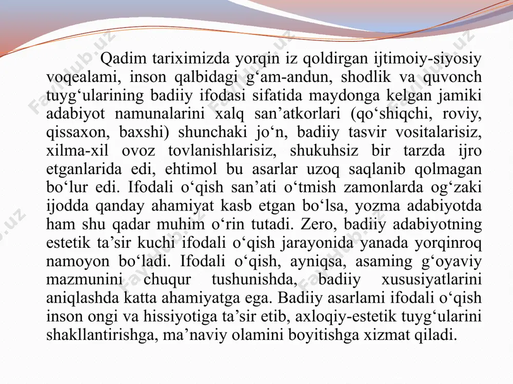 zgarishlar asosida ”o‘zbek tilining asosiy imlo qoidalari” ishlab chiqildi va o‘zbekiston respublikasi vazirlar mahkamasi tomonidan 1995- yil 24- avgustda tasdiqlandi. 4. o‘zbek yozuvi dastlab 1929- yilda lotin grafikasiga asoslangan alifboga ko‘chirilgan edi. 5. turkiy xalqlarning ko‘plab bebaho yodgorliklari qadimgi turk va uyg‘ur yozuvlarida bitilgan. o‘rxun-enasoy yozuvi harf (tovush) yozuvining ancha mukammal shakli bo‘lib, har bir tovush uchun maxsus shakl qo‘llangan. 6.o‘rta osiyo xalqlari eng qadimdan o‘z yozuv madaniyatlariga ega bo‘lganlar, harf (tovush) yozuvining eng qadimgi shakllari hisoblangan so‘g‘d va xorazm yozuvlaridan foydalanganlar. bu yozuvlar oromiy alifbosi asosida yuzaga kelgan. 3- topshiriq. matn asosida quyidagi savollarga javob bering: 1. til ijtimoiy hodisa sifatida jamiyat taraqqiyotida qanday o‘rin tutadi? 2. til va madaniyat tushunchalari o‘rtasidagi bog‘liqlik nimadan iborat? 3. bilim egallashda til qanday vazifani bajaradi? 4. fikrlash bilan so‘zlash o‘rtasidagi bog‘liqlik va farqni tushuntiring 4-topshiriq. alisher navoiyning til, so‘z haqidagi hikmatlarini daftaringizga ko‘chirib, ularning mazmunini o‘z so‘zlaringiz bilan izohlang va hikmatlarni yod …