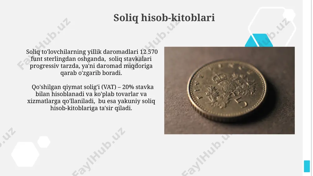 va onlayn imkoniyatlar soliq toʻlovchilarga onlayn shaxsiy kabinet orqali 24/7 kirish imkoniyati mavjud boʻlib, unda ular deklaratsiyalarni topshirishlari, toʻlovlarni amalga oshirishlari va soliq hisobotlarini koʻrishlari mumkin. 2022 yildan boshlab, elektron deklaratsiya topshirishning oʻrtacha vaqti 15 daqiqadan oshmaydi, bu esa qogʻoz shaklida topshirish bilan solishtirganda ancha tezroq. soliq maslahatchilari va yordami soliq maslahatchilari mijozlarga soliq deklaratsiyalarini to'ldirishda yordam berishadi, o'rtacha hisobda 200-500 funt sterling evaziga xizmat ko'rsatadilar va soliq qonunchiligi bo'yicha maslahatlar beradi. soliq maslahatchilari, ayniqsa, murakkab holatlarda, masalan, meros soliqlari yoki xalqaro soliq masalalari bo'yicha mutaxassislar sifatida 70% dan ortiq foizga yordam beradi. e'tiboringiz uchun rahmat @taqdimot_robot image1.jpg image2.jpg image3.jpg image4.jpg image5.jpg image6.jpg image7.jpg image8.jpg image9.jpg image10.jpg image11.jpg image12.jpg