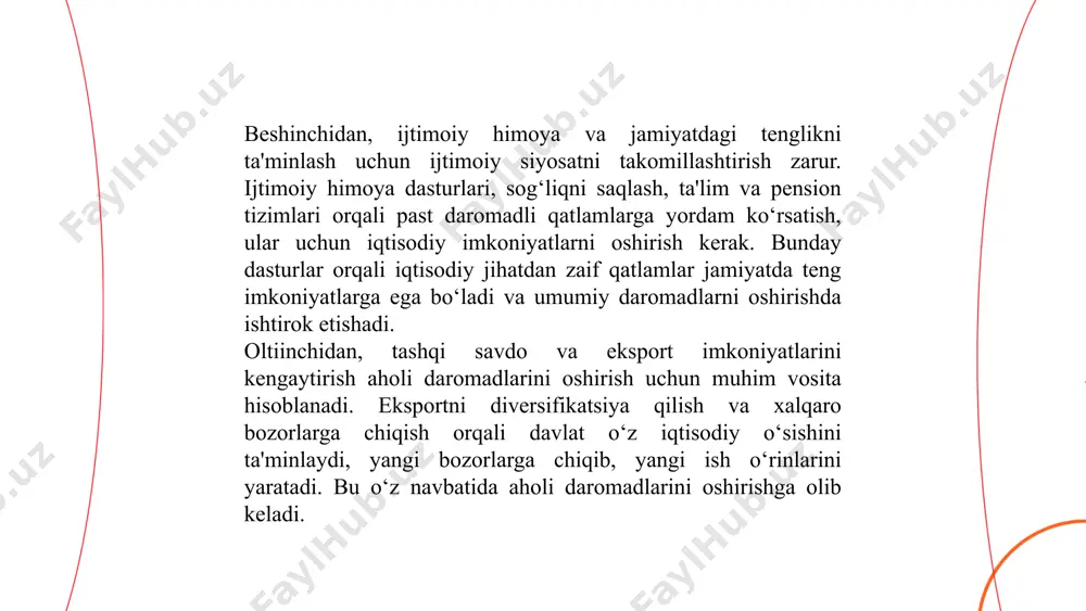 ruhiy salomatligini yaxshilaydi va jamiyatdagi o‘zaro tushunish va hamkorlikni mustahkamlaydi. ... t.me/slaydai_bot 3. ta'lim, tibbiyot va ijtimoiy xizmatlar sohalarida davlat investitsiyalarini ko'paytirish. ta'lim, tibbiyot va ijtimoiy xizmatlar sohalarida davlat investitsiyalarini ko‘paytirish jamiyatning uzoq muddatli rivojlanishi, aholi farovonligini oshirish va iqtisodiy barqarorlikni ta'minlash uchun juda muhimdir. ushbu sohalar davlatning eng asosiy mas'uliyatlaridan biri bo‘lib, ularni samarali rivojlantirish, resurslarni to‘g‘ri taqsimlash va hozirgi zamon talablariga moslashtirish talab etiladi. quyidagi usullar orqali davlat investitsiyalarini ko‘paytirish va samarali boshqarishni ta'minlash mumkin: ... t.me/slaydai_bot birinchidan, ta'lim tizimiga investitsiyalarni oshirish. ta'lim sohasiga ko‘proq investitsiya kiritish, kelajakda iqtisodiy va ijtimoiy o‘sishga erishishda muhim rol o‘ynaydi. ta'limni rivojlantirish uchun infratuzilma, maktablar va o‘quv yurtlarining jihozlanishi, zamonaviy ta'lim texnologiyalarining joriy etilishi zarur. o‘quvchilarga yuqori sifatli ta'lim berish, ta'lim dasturlarini yangilash va o‘qituvchilarni malakasini oshirishga qaratilgan investitsiyalar jamiyatda bilimli, innovatsion fikrlashga ega va yuqori malakali kadrlarni tayyorlash imkonini beradi. ta'limga investitsiyalar nafaqat xalqaro mehnat bozorida raqobatbardosh kadrlarni tayyorlash, balki ijtimoiy …