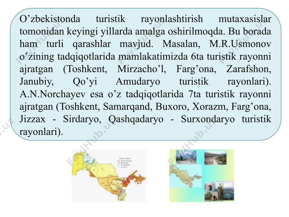 sida turadi va shuning uchun ham undan kompleks foydalanish imkoniyati ochib berilishi lozim ekoturistik rayonlarning iqtisodiy samaradorligini oshirish va uning jozibadorligini namoyon etish uchun ekoturstik marshurutlar, tarixiy, tabiiy, ma’naviy-ma’rifiy, diniy kabi turistik sayohatlar bilan birga olib borish imkoniyatlarini hisobga olish, ekoturistlarni milliy g’oya ruhida tarbiyalash imkoniyatini yuzaga chiqarish va h.k yuqorida aytib o’tilgan ilmiy prinsip va asoslarga binoan a.nig’matov va n.shomuratovalar o’zbekiston hududini 14 ta ekoturistik rayonga ajratgan: ustyurt ekoturistik rayoni. ustyurt - o’zbekistonning shimoliy-g’arbi – qoraqalpog’istonda joylashgan plato (yer yuzasi kam parchalangan yassi tekislik). uning maydoni juda katta (200 ming km2 ), yo’llari asfaltsiz, o’nqir-cho’nqir yo’llardan iborat bo’lgani uchun ham ekoturistik marshurutlar “djip ” rusumdagi mashinalar, samolyot yoki vertolyotlarda olib borilgani maqul. ustyurtning sayyohlarni o’ziga jalb qiladigan ekoturistik obyektlariga: -“chink”- dunyoda eng katta va yagona 60-150 metrlik tik qoyali jarlar bilan o’ralgan plato, doimiy oqar suvlarga ega bo’lmagan, lekin yer osti suvlariga ega supasimon tekisligi; -davolash xususiyatiga ega bo’lgan …