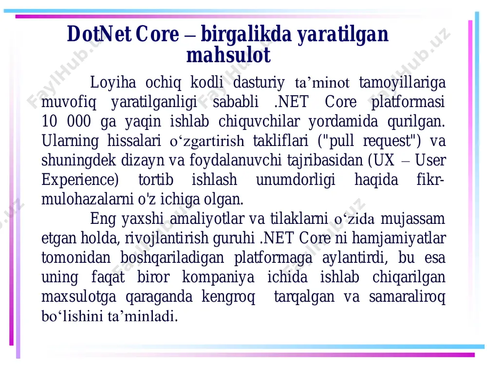 ab chiqaruvchi va xizmat koʻrsatuvchilarning hamkor faol xarakatlari metodologiyasi) ichida ijobiy ta’riflaydi. buyruqlar satri interfeysi microsoft firmasining ta’kidlashicha .net core buyruqlar satri vositalari "buyruq satrida mahsulotning barcha amallarini ishlatish" uchun mo'ljallangan. buyruqlar satri interfeysi buyruqlar satrining interfeysi (cli) dasturlarni yaratish uchun ishlatiladigan birlashgan ishlab chiqarish muhiti kabi yuqori darajadagi vositalar uchun asosdir. .net core platformasi singari, cli krossplatformalidir, shuning uchun uni har qanday qoʻllab-quvvatlanadigan platformada ishlatishingiz mumkin. .net framework ning egizak ukasi .net core .net framework ning ochiq kodli, krossplatformali versiyasi sifatida ishlab chiqilgan boʻlsa-da, ikkalasi oʻrtasida ushbu ikkita asosiy xususiyatdan tashqari boshqa farqlar mavjud. ushbu taqqoslashlarning aksariyati .net core dizayni va yangiligi natijasidir. windows texnologiyalariga asoslangan dastur modellari .net core tomonidan qoʻllab-quvvatlanmaydi, lekin konsol va asp.net dastur modellarini .net core ham va .net framework-ham qoʻllab-quvvatlaydi. .net framework ning egizak ukasi net core api .net framework-dan kichikroq, ammo u rivojlanish davomida kattalashib boraveradi. bundan tashqari .net core platformaning soddaroq va …