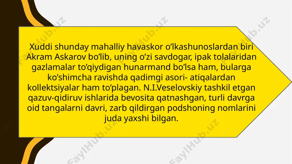 arning g’ishtlari ko’chirib olib ketilayotganligi to’g’risida xabar qilinadi. yuqoridagilardan ko’rinib turibdi-ki, bizda boshlangan arxeologik qazishma ishlarini ibtidosida mahalliy aholidan chiqqan ziyoli, havaskor o’lkashunos, o’z xalqini tarixini o’rganishni orzu qilgan havaskorlar turadi. v.v.bartoldning say harakati bilan 1895-yilda toshkentda turkiston arxeologiyasi havaskorlari to’garagi tashkil etildi.bu to’garak ishlarida o’z davrining yirik sharkshunos qadimshunoslari v.v.bartold, n.i.veselovskiy, m.s.andreev, a.a.divaev, n.s.likoshin,n.g.mallitskiy, n.p.ostroumov, v.l.vyatkin, a.a.semyonov kabi atoqli olimlar shug’ullanganlar. vasiliy vladimir bartold (3(15)-noyabr 1869-yil, sankt-peterburg — 1930-yil 19-avgust, leningrad) — rus va sovet sharqshunosi, turkolog, arabshunos, islomshunos, tarixchi, arxivshunos, filolog; rus sharqshunoslik maktabining asoschilaridan biri. toʻgarak 20 yil davomida oʻrta osiyo moddiy madaniyati yodgorliklarini oʻrganish, tavsiflash va saqlash, tavsiflash, shuningdek, arxeologik qazishmalar olib borish bilan shugʻullangan . to‘garak tomonidan yuzlab maqolalar, risolalar, ko‘rsatmalar chop etildi. yig‘ilishlar natijalari “turkiston arxeologiya ixlosmandlari to‘garagi a’zolarining yig‘ilishlari va xabarlari bayonnomalari” ( ptkla ) shaklida birinchi marta 1896 yildan “ o‘rta osiyo xabarnomasi ” jurnali sahifalarida , 1898 yildan e’lon qilingan. alohida …
