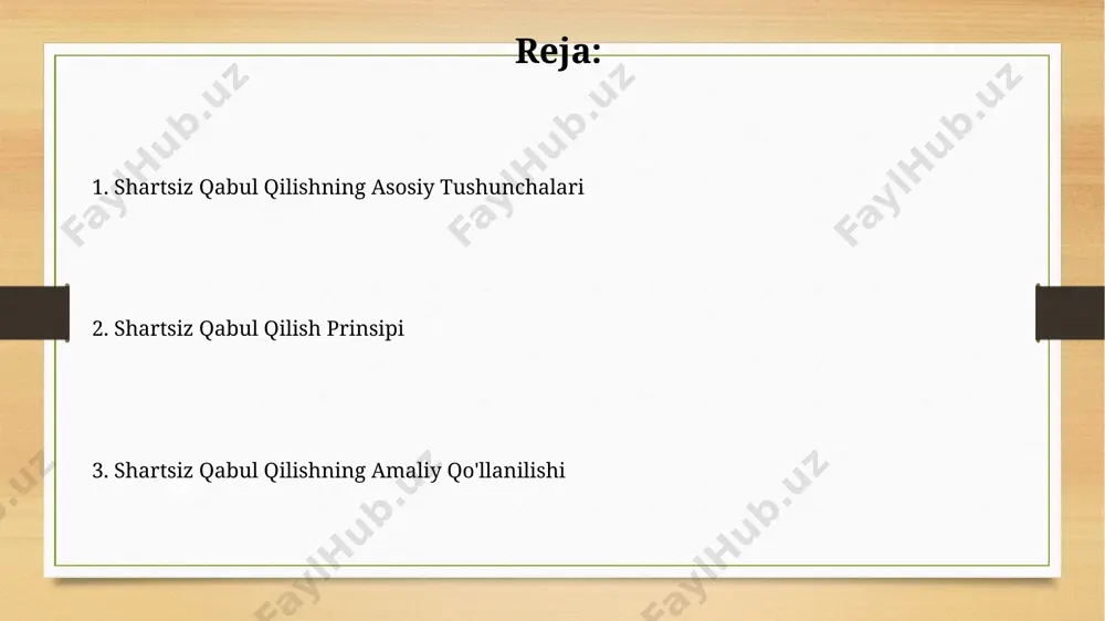 ma natijalariga ko'ra, an'anaviy jamiyat qadriyatlari va katta avlodning ta'siri shartsiz qabul qilishga to'sqinlik qiluvchi asosiy omillardan biri hisoblanadi. shartsiz qabul qilish va munosabatlar shartsiz qabul qilish, 5 yildan ortiq davom etgan 200 juftlik ustida o'tkazilgan toshkentdagi tadqiqotlarga ko'ra, munosabatlardagi baxtsizlik darajasini 30% ga kamaytirishi mumkinligini ko'rsatdi. oilaviy terapiya usullaridan biri bo'lgan shartsiz qabul qilish, 1960-yillarda aqshda paydo bo'lib, hozirgi kunda dunyoning 150 dan ortiq mamlakatlarida qo'llanilmoqda, munosabatlarni mustahkamlashda muhim rol o'ynaydi. shartsiz qabul qilishning chegaralari shartsiz qabul qilish, 20 dan ortiq odamdan iborat jamoada biror kishining huquqbuzarliklarini doimiy ravishda kechirishni o'z ichiga olmaydi, bu esa adolat va tenglik tamoyillarini buzadi, masalan, samarqanddagi bir sud jarayonida ko'rsatilganidek. ijtimoiy me'yorlar va qonunlar doirasidan tashqarida qoladigan 3tadan ortiq harakatni shartsiz qabul qilish mumkin emas, chunki bu jamiyatga va shaxsning o'ziga zarar yetkazishi mumkin, masalan, farg'ona vodiysida yuz bergan hodisalar misolida ko'rish mumkin. shartsiz qabul qilish prinsipi nima? shartsiz qabul qilish printsipi, individual …