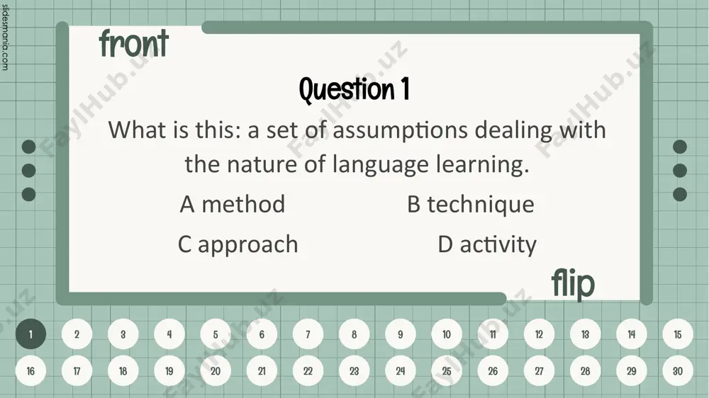 ramatization, group discussion, brainstorming”? a technique b approach c method d a way of teaching 10 front flip 1 2 3 4 5 6 7 8 9 10 11 12 13 14 15 16 17 18 19 20 21 22 23 24 25 26 27 28 29 30 question 11 what approach to teaching grammar is it: teacher gives the rules to the students? a deductive approach b communicative approach c cognitive approach d inductive approach 11 front flip 1 2 3 4 5 6 7 8 9 10 11 12 13 14 15 16 17 18 19 20 21 22 23 24 25 26 27 28 29 30 question 12 what approach to teaching grammar is it: students discover rules by themselves? a deductive approach b communicative approach c inductive approach d cognitive approach 12 front flip 1 2 3 4 5 6 7 8 9 10 11 12 …