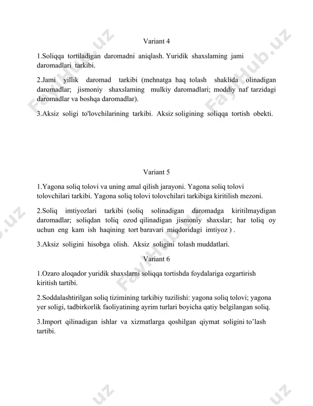 aksiz soligini hisobga olish. aksiz soligini tolash muddatlari. variant 6 1.ozaro aloqador yuridik shaxslarni soliqqa tortishda foydalariga ozgartirish kiritish tartibi. 2.soddalashtirilgan soliq tizimining tarkibiy tuzilishi: yagona soliq tolovi; yagona yer soligi, tadbirkorlik faoliyatining ayrim turlari boyicha qatiy belgilangan soliq. 3.import qilinadigan ishlar va xizmatlarga qoshilgan qiymat soligini to’lash tartibi. variant 7 1.soliq tizimi va soliqqa tortish tizimi, ularning amal qilish xususiyatlari. ozbekiston soliq tizimida amalda bolgan soliqlar va boshqa majburiy tolovlar. 2.soliqqa tortiladigan daromadni aniqlash. yuridik shaxslaming jami daromadlari tarkibi. 3.jismoniy shaxslaming deklaratsiyaga kiritiladigan daromadlari tarkibi. deklaratsiyani toidirish va soliq organlariga topshirish tartibi hamda muddati. variant 8 1.muddatida bajarilmagan soliqlar va boshqa majburiy tolovlar boyicha soliq majburiyatlarini bajarish usullari. 2.deklaratsiyani toidirish va soliq organlariga topshirish tartibi hamda muddati. deklaratsiyani muddatida topshirmagan jismoniy shaxslarga nisbatan qollaniladigan jarimalar. 3.aksiz soligini hisoblash tartibi. aksiz soligini hisobga olish. variant 9 1. jismoniy shaxslarning soliqli tolovlariga tavsif. 2.yuridik shaxslardan undiriladigan foyda soligi boyicha imtiyozlar. yuridik …