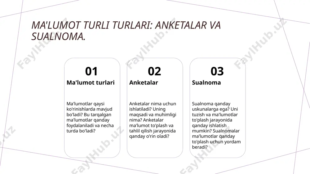 ntirishga yordam beradi. 2 ulushlar ulushlar - ma'lumotlarni tahlil qilishda foydalaniladigan konseptsiyalarni ifodalaydi. ulushlar ma'lumotlarni tartiblash, tahlil qilish va ta'riflashda yordam beradi. 3 ta'til usullari tahlil usullari, ma'lumotlarni tahlil qilishda foydalaniladigan tahlilning turli xil usullarini va ulushlarini ta'riflaydi. bu usullar ma'lumotlarni tahlil qilishda yordam beradi. ma'lumotlar sinovlari: tuzilish va natijalar. 1 ma'lumotlarning manbalari - ma'lumotlar turlari, ularning o'rnatilish usullari va ularning qo'llanilishi haqida tushuncha. 2 ma'lumotlarining ishonchli bo'lishi - ma'lumotlar ishonchliligini qanchalik guvohligini oshirish, xatolar va tarqatishlar haqida. 3 ma'lumotlar tahlili - ma'lumotlar tahlili. ma'lumotlar to'plamini tahlil qilishning ahamiyati, yordamchi vositalar va natijalar. 4 qabul qilish jarayoni - ma'lumotlarni qabul qilish jarayonining ahamiyati, to'g'ri qaror qabul qilishda ma'lumotlarining o'z ahamiyati. ma'lumotlar tizimlarining ta'limoti va sifatini sinash. ma'lumotlar tizimlarining ta'limoti va sifatini sinash, bu jarayon ma'lumotlarni to'g'ri tartibda saqlash, ulardan foydalanish va ularga kirish huquqini belgilashni o'z ichiga oladi. bu tizimlar ma'lumotlar sifatini ta'minlashda muhim ahamiyatga ega. photo by benjamin lehman …